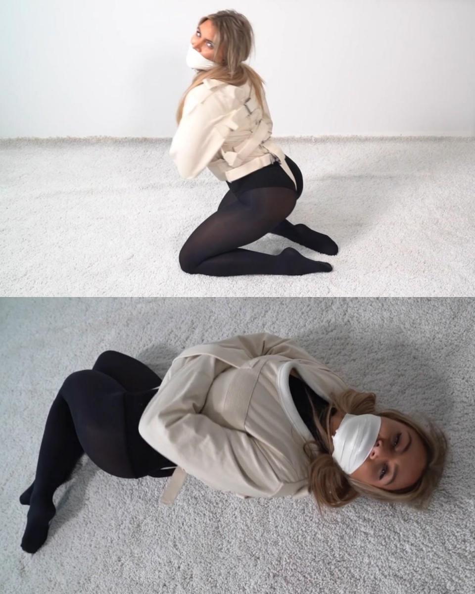 2165 Charlotte in Supertights Straitjacket Surprise 夏洛特被说服穿一套全黑的尼龙衣服。接下来使用的是袖口，她穿着它们摆姿势。但后来紧身衣出来了，她被固定住了。一切都很有趣，对吧？直到她发现自己被骗了，被带到收容所。。。。Charlotte is convinced to wear an all black nylon outfit. Next cuffs are used and she poses in them. But then the straitjacket comes out and she is secured into it. All good fun right? Until she finds out she's been tricked and is getting picked up to be taken to the asylum....