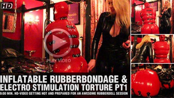 Inflatable Rubberbondage & Electro Stimulation After I was dressed in the Demask overall bondage catsuit and my crotch was totally wired, Dominique connected the wires to the control unit and tried it out. I got some really painful shocks into my slut and ass, what usually isn't a problem for me, because am used to have bizarre rubber and electro sex with electro shocks going through my entire body...