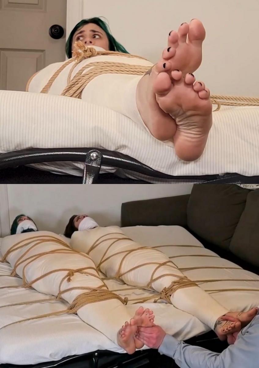 Mia and Bri - Gagged, Wrapped, Roped and Foot Rubbed (MP4 Format) 可怜的米娅和布里！ 他们的社区发生了一系列离奇的入室盗窃事件。 警方没有公布太多细节，但已警告女性要始终锁好门窗。 尽管 Bri 恳求 Bri 在工作时要小心，但 Mia 对这些警告嗤之以鼻。 布里刚去办公室，米娅就被歹徒抓走了！ 她被绷带彻底木乃伊化，只露出头和赤脚！ 她的哭声被一副厚布 OTM 塞住了，只剩下她咕哝着“嗯嗯”地求救！ 更糟糕的是，她被进一步束缚在绳索网络中，压缩了她缠着绷带的身体并将她固定在床上！ 入侵者回来了，开始性感地摩擦可怜的米娅的赤脚！ 厌恶这种亲密的行为，她挣扎着呻吟着，试图在入侵者将注意力集中在她身体的其他部位之前摆脱自己！ 米娅以为她的噩梦永远不会结束，但她听到了前门的钥匙声。 是米娅，下班回来了！ 她得救了！ 不幸的是，闯入者也抓住了 Bri，很快，两个无助的被塞住嘴巴、裹着绳子、绑着绳子的赤脚美女就受到了脚匪的彻底关注！ 他们尖叫着，拱起布满皱纹的鞋底，伸展和弯曲脚趾，但没有什么能改变他们的困境！ 最后，入侵者离开了他们，无助地作茧自缚！ 他临别的话让他们脊背发凉：“我今晚就回来！Poor Mia and Bri! Their neighborhood has been struck by a series of bizarre break ins. Police haven't released many details, but women have been warned to keep their doors and windows locked at all times. Mia scoffed at the warnings despite Bri's pleas to be careful while Bri was at work. No sooner had Bri left for the office when Mia was captured by the criminal! She was thoroughly mummified in bandages, only her head and bare feet exposed! Her cries were stifled by a pair of thick cloth OTM gags, leaving her grunting and "mmmppphhh"ing for help! Worse still, she had been further bound in a network of ropes that compressed her bandaged form and left her anchored to the bed! The intruder returned and began sensually rubbing poor Mia's bare feet! Disgusted by the intimacy of the act, she thrashed and moaned, trying to free herself before the intruder could focus his attention on other parts of her body! Mia thought her nightmare would never end, but she heard a key in the front door. It was Mia, back from work! She was saved! Unfortunately, the intruder captured Bri as well, and soon two helpless gagged, wrapped, roped barefoot beauties were subjected to the very thorough attentions of the foot bandit! They squealed, arching their wrinkled soles, stretching and flexing their toes, but nothing could alter their plight! Finally, the intruder left the pair, helplessly cocooned and gagged! His parting words sent chills down their spine: "I'll be back tonight!