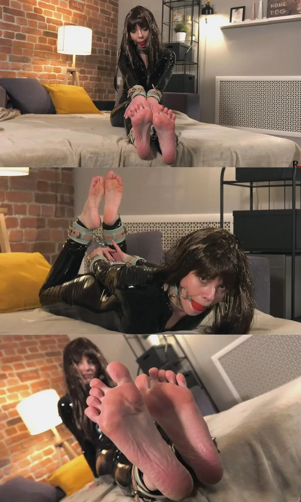 Colibri in a shiny catsuit - Foot show and hogtie with a ballgag (FULL HD MP4) Colibri 是我们工作室的难得一见的客人。 这就是为什么我们的会议更加愉快和令人兴奋的原因。 这次她穿着不同寻常的衣服出现。<br>在这个视频中，赤脚魔术师 Colibri 戴着假发，身穿闪亮的黑色紧身连衣裤，手脚上戴着皮革手铐，将用她可爱的眼睛和脚来取悦你。<br>在剪辑的第一部分，她以各种姿势摆出令人惊叹的双脚，在镜头前摆姿势。<br><br>在视频的第二部分，她嘴里塞着一个红色的球塞，手脚上的袖口用链条连接起来，形成了一条紧身裤。<br><br>束缚不是这个视频的主要焦点，它更像是一个好玩的元素，它非常适合 Colibri。 尽管她对自己在那种状态下的外表感到不安全，但相机还是捕捉到了被绑起来的可爱 Colibri 试图继续摆姿势的样子。 她仍然无法相信色情和束缚只会增强女孩的美丽 :-)<br>享受！Colibri is a rare guest in our studio. That's why our meeting is even more pleasant and exciting. This time she appears in unusual attire.<br>In this video, the barefoot charmer Colibri, wearing a wig, a shiny black catsuit, and leather cuffs on her hands and feet, will delight you with her lovely eyes and feet.<br>In the first part of the clip, she poses for the camera with her stunningly amazing feet in various positions.<br><br>In the second part of the video, she has a red ball gag in her mouth, and the cuffs on her hands and feet are connected by a chain, creating a hogtie.<br><br>Bondage is not the main focus of this video, it is more of a playful element and it suits Colibri very well. The camera captures the tied-up cutie Colibri while she tries to continue posing, despite feeling insecure about her appearance in that state. She still can't believe that the ballgag and bondage only enhance the beauty of a girl :-)<br>Enjoy!