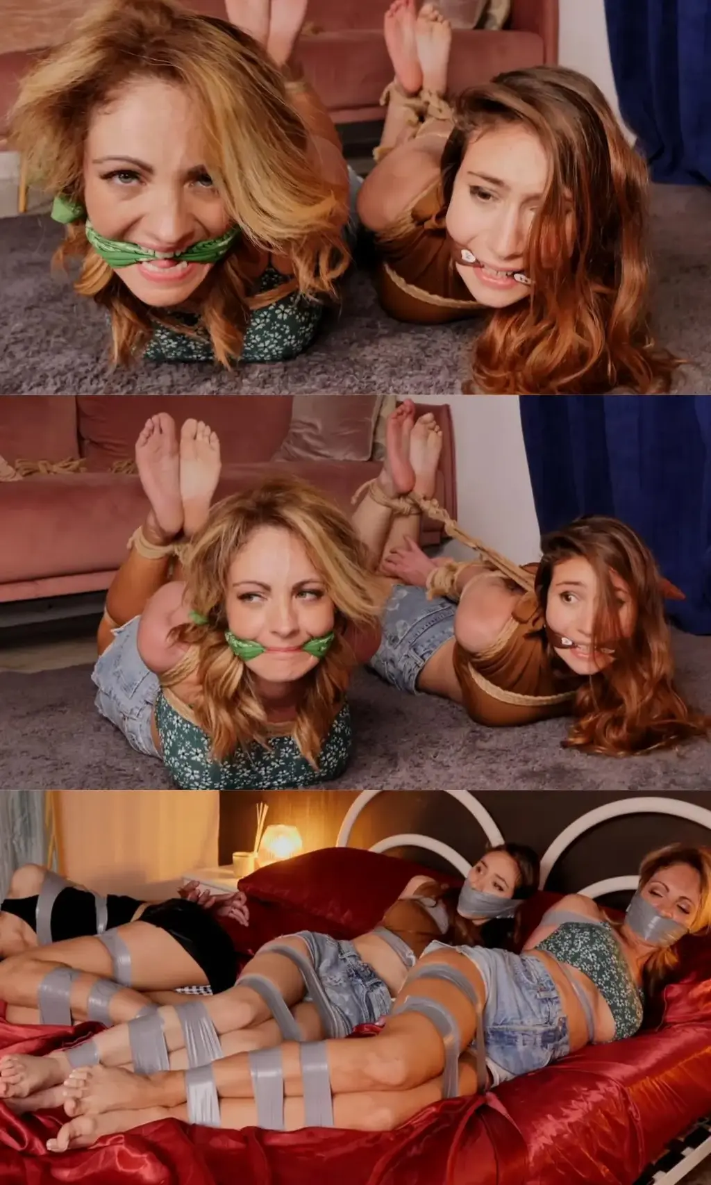 Alba, Rey &amp; Allie - Intruders Game (MP4 1080p FULL HD) 阿尔巴和雷伊是室友，正在度过他们平常安静的夏日午后之一。 阿尔芭正在给脚涂指甲油，雷伊则在看当地新闻。 通常，他们的街区什么都没有发生，但这一次不同：显然，有人潜入独居女孩的家中，不知什么原因，实际上什么都不会偷，但女孩被那个奇怪的入侵者绑住并塞住嘴巴……不幸的是， 目前还不清楚入侵者是男是女。 Alba 和 Rey 看到这样的消息很害怕，但他们认为这不会发生在他们身上……直到 Alba 听到关门声！ 惊慌失措的两个朋友躲在窗帘后面，从缝隙里偷看，发现客厅里有一个性感的大长腿和高跟鞋的女人，手上拿着绳子！ 阿尔巴和雷伊害怕极了，尽量小声呼吸，以免被人听到…… 等闯入者似乎离开后，他们才从藏身处出来，可惜，那个女人还在！ Alba 和 Rey 现在被绑在一条超紧的 hogtie 中，并被紧紧的 cleave gag 堵住，当绳子被紧紧地绑住时，他们正在努力挣脱。 他们的手很快就麻木了，他们真的动弹不得，所以他们唯一的希望就是有人会来救他们……今天是他们的幸运日（也许不是），因为一个男人听到他们公寓里传来噪音，到达并 解开女孩的绳子，让她们解释发生了什么事。 阿尔巴和雷伊提到入侵者可能还在里面，所以他们的救命恩人去检查卧室……而就在这时，阿尔巴、雷伊和他们年轻的性感入侵者将不得不面对一个不愉快的现实……没什么 就像它看起来的那样......Alba and Rey are roommates and are spending one of their usual quiet summer afternoons. Alba is applying nail polish on her feet while Rey reads the local news. Usually, nothing happens in their neighborhood, but this time it's different: apparently, someone is sneaking into the homes of girls living alone, for unknown reasons, in fact nothing is never steal but girls are bound and gagged by that weird intruder… Unfortunately, it's unclear if the intruder is a man or a woman. Alba and Rey are frightened when they read such news, but they think it won't happen to them... Until Alba hears a door closing! Terrified and panicked, the two friends hide behind a curtain and manage to peek through a crack, realizing that a woman with long, sexy legs and high heels is in their living room, holding ropes on her hands! Alba and Rey are scared and try to breathe quietly to avoid being heard... When it seems like the intruder has left, they come out of their hiding place, but unfortunately, the woman is still there! Alba and Rey are now bound in a super tight hogtie and gagged with a tight cleave gag, struggling to free themselves as the ropes are tightly tied. Their hands get numb soon and they really can’t move so their only hope is that someone will come to their rescue... It's their lucky day (or maybe not) as a man, who heard noises coming from their apartment, arrives and unties the girls, asking them to explain what happened. Alba and Rey mention that the intruder is probably still inside, so their savior goes to check the bedroom... And it's precisely at this moment that Alba, Rey, and their young sexy intruder will have to confront an unpleasant reality... Nothing is ever as it seems...