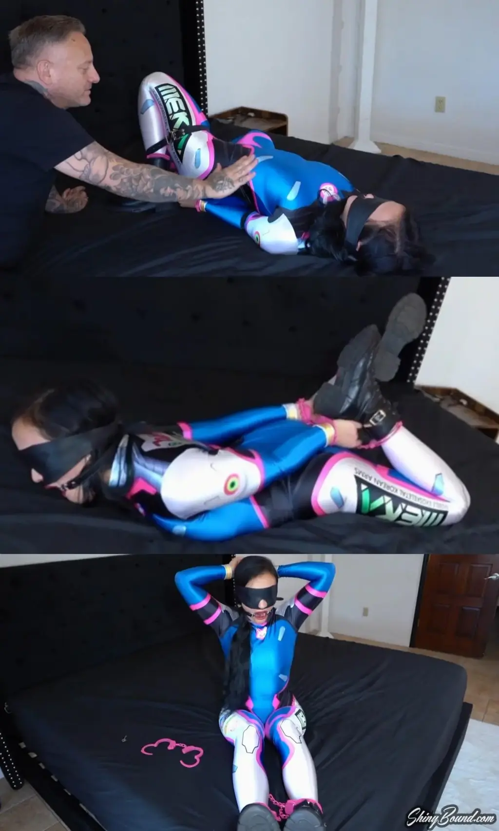 REAL SELF BONDAGE GONE WRONG 性感的乌鸦莱内特喜欢束缚。 在她上次拉斯维加斯之旅中，她在拍摄期间在我家住了几天。 这个特别的视频都是她做的。<br><br>当我出去办事时，雷文走进我的衣柜，找到了一套她喜欢的丝质连体衣和我的一些束缚装备。她把我的相机放在三脚架上，打算为我制作一段自我束缚的小视频。 现在，她穿着氨纶 D.Va 紧身衣和厚重的战斗靴，用粉红色的脚镣铐住脚踝，然后用张开的口塞堵住自己的嘴。 她用皮革眼罩紧紧地蒙住眼睛，然后慢慢地、小心地把双手铐在身后的脚踝链上，有效地束缚了自己。 她挣扎了一会儿，有点害怕自己，于是她摸索着放在旁边床上的钥匙，但由于看不见，她不小心把钥匙撞到了地板上。 现在她被困住了。 床太高了，她无法从侧面摇晃，所以现在她必须在那里等我完成任务回家。<br><br>可怜的乌鸦被困在那里很长一段时间了。 当我最终回来看到她对自己做了什么时，我情不自禁地和她开玩笑。 我给她绑了一些皮带，让她的困境变得更紧，然后我看着她哀嚎和挣扎。 我告诉她，如果她能逃出来，我会奖励她一条带绳子的漂亮领带。 最后，我给了她钥匙，看着她尝试解开手铐（这花了她一些时间和更多的挣扎）。 当她试图集中注意力在头发上时，我用马鞭打她并挠她痒痒，这让事情变得更加困难。 当她终于自由时，我兑现了绳索的承诺，但这将是一个不同的视频......<br><br>该视频是真实的。 Raven 真的把自己锁起来，并在我外出时独自拍摄了这段视频。 我对内容进行了零编辑。 没有平移、角度或过渡。 我只是把它到底是如何发生的放在一起。<br><br>另外.. 自我束缚可能是极其危险的！ 小心练习。Sexy Raven Lynette loves bondage. On her last tour through Vegas, she stayed at my house for a few days while she was shooting. This particular video was all her doing..<br><br>While I was out running some errands, Raven got into my closet and found a silky catsuit she liked and some of my bondage gear.. She set up my camera on a tripod with the intention of making me a little self bondage video for me. Now wearing a spandex D.Va catsuit and her heavy combat boots, she cuffs her ankles in pink leg irons, and then gags herself with an open mouth gag. She ties a leather blindfold tightly over her eyes, and then slowly and carefully cuffs her hands through her ankle chain behind her to effectively hogtie herself. She struggles around for a moment and kind of spooks herself, so she feels around for the key she placed on the bed next to her, but not being able to see, she accidentally knocks the key onto the floor. Now she is stuck. The bed is too high for her to try to shimmy off the side of, so now she has to wait there until I've finished my errands and come home. <br><br>Poor Raven is stuck there for quite awhile. When I finally return and see what she has done to herself, I can't help but have a little fun with her. I put some leather belts on her to make her predicament a bit tighter and then I watch her whine and struggle. I tell her if she can get herself out, that I will reward her with a nice tie with some rope. Finally I give her the keys and watch her try to unlock her cuffs (which takes her some time and more struggles). I make it more difficult by smacking her with a riding crop and tickling her as she tries to concentrate on the locks. When she is finally free, I make good on my promise of rope, but that will be a different video...<br><br>This video is REAL. Raven really locked herself up and filmed this by herself while I was out of the house. I did zero editing of the content. No pans, angles, or transitions. I just put it together exactly how it happened.<br><br>Also.. Self bondage can be extremely dangerous! Practice with care.