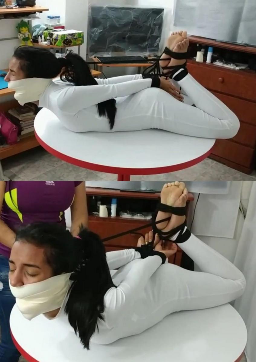 Laura, Katherine & Maria in: Tough Table Hogtie and a Mega Microfoam Tapegag For Maria Martinez! Laura, Katherine & Maria in: Tough Table Hogtie and a Mega Microfoam Tapegag For Maria Martinez! 劳拉和凯瑟琳将用束缚绳将玛丽亚绑在她的新白色紧身衣中，她还得到了一个颜色匹配的巨大的有史以来第一个微泡沫胶带包裹物，这使得她更难应对束缚！Laura and Katherine are gonna tie Maria with bondage rope in her new white bodysuit in which she also gets a color-matching huge first-ever microfoam tape wrapgag that makes it harder to cope with her restraints!