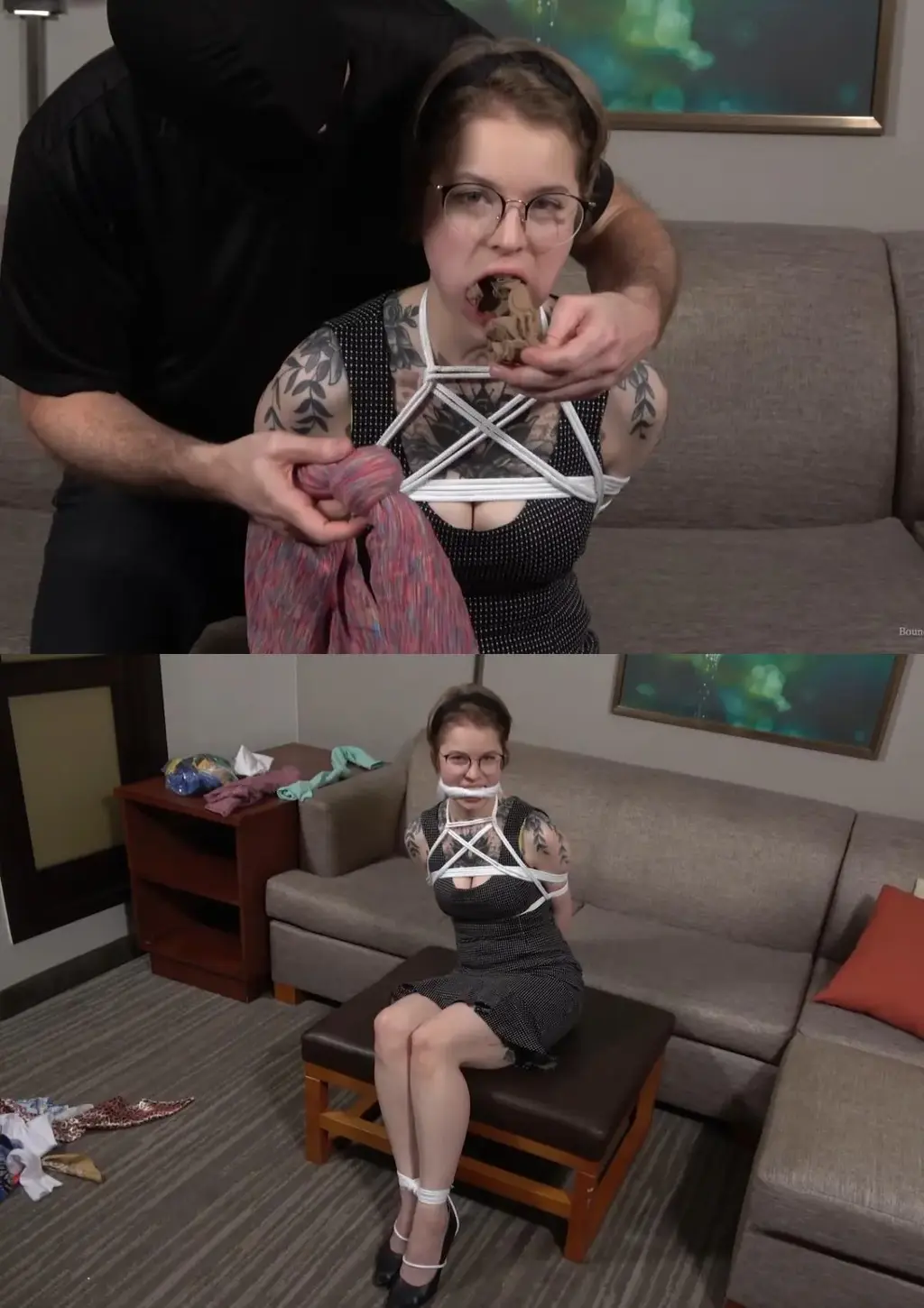 Brittany Elway - Knotted Cleave Gags 我很喜欢打结的劈叉，但我不喜欢我做过的大多数劈叉的样子，所以我决定和布列塔尼·埃尔韦一起练习和测试，同时也问她一些与束缚/恋物癖相关的问题。 她的手腕、脚踝和胸部都被绑住了，准备开始打结的劈砍！ 我们将每个恶作剧展示一小会儿，然后她就有机会逃脱。 花絮如下：<br><br>笑点1：<br>她嘴里塞着两条男士手帕，牙齿间系着一条打结的金色头巾。 两块手帕的劈裂不会太深，所以我取下一块手帕，然后将头巾系回原位。 看起来好多了。<br><br>笑点2：<br>一位女士的嘴里塞着手帕，牙齿间系着一条更大的橙色加大号头巾，因此打了一个更厚的结。<br><br>笑点3：<br>她的嘴里塞着一条蓝色内裤，牙缝里系着一条打结的豹纹缎面围巾。<br><br>笑点4：<br>隐形袜子和打结的白色氨纶棉布。<br><br>笑点5：<br>2 个缎面口袋方巾和一块弹性较小的白色打结布。<br><br>笑点6：<br>缎面围巾和蓝色打结布（枕套的一部分）。<br><br>笑点7：<br>2 个海绵圆盘和一块打结的厚面粉袋布可以劈开。<br><br>笑点8：<br>尼龙袜和非常厚的红色打结枕套分开。I enjoy a good knotted cleave but I haven’t loved how most of the ones I’ve done have looked so I decided to get a little practicing and testing in with Brittany Elway, while also asking her some bondage/fetish-related questions. She’s bound at the wrists, ankles, and chest and ready to start the knotted cleave gaggage! We show off each gag for a short time and then she gets a chance to escape it. Gags are as follows:<br><br>Gag 1:<br>2 men’s hankies are stuffed in her mouth and a knotted gold bandana is tied between her teeth. The cleave doesn’t get very deep with 2 hankies so I remove one hanky and tie the bandana back in place. That looks better.<br><br>Gag 2:<br>A woman’s hanky is stuffed in her mouth and a larger orange XL bandana, and thus a thicker knot, is tied between her teeth.<br><br>Gag 3:<br>Her mouth is stuffed with a pair of blue panties and a knotted leopard-print satin scarf is tied between her teeth.<br><br>Gag 4:<br>A no-show sock and a knotted white cotton spandex cloth.<br><br>Gag 5:<br>2 satin pocket squares and a white knotted cloth with less stretch to it.<br><br>Gag 6:<br>A satin scarf and a blue knotted cloth (part of a pillowcase).<br><br>Gag 7:<br>2 sponge discs and a thick knotted flour sack cloth cleave.<br><br>Gag 8:<br>A nylon stocking and a really thick red knotted pillowcase cleave.