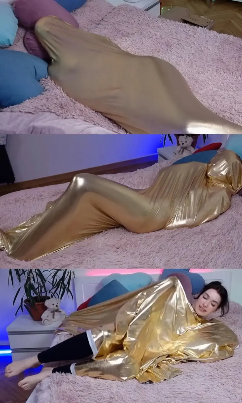 Shiny Fabric and Breath Control 我坐在房间里看恐怖电影，谈论这些天它们有多糟糕，以及它们如何变得有趣而不是可怕。 突然，我听到了奇怪的声音。 我去检查一下，看看是什么。 那里什么也没有。 当我回到房间时，我看到床上有一个盒子。 我觉得我的朋友们正在和我一起玩。 我检查盒子，发现奇怪的闪亮布料。 它是什么？ 我开始感觉到它，它是如此柔软！ 我玩了几秒钟后就停不下来了！ 它要我把它包裹在自己身上！ 我喘不过气来了！ 让它停下来！ 别让它停下来！ 感觉很好！ 我在下面几乎喘不过气来，但我让自己射得很厉害。 什么是真实的？I sit in my room watching horror movies and talking about how bad they are these days and how they have gotten funny not scary. Suddenly, I hear a weird sound. I go check to see what it is. There's nothing there. When I am back in my room, I see a box on my bed. I think my friends are playing with me. I check the box and I find weird shiny fabric. What is it? I start feeling it and it's so soft! I play with it and after a few seconds, I can't stop! It's wanting me to wrap it around myself! I can't catch my breath! Make it stop! Don't make it stop! It feels so good! I barely catch my breath under there but I make myself cum so hard. What is for real?