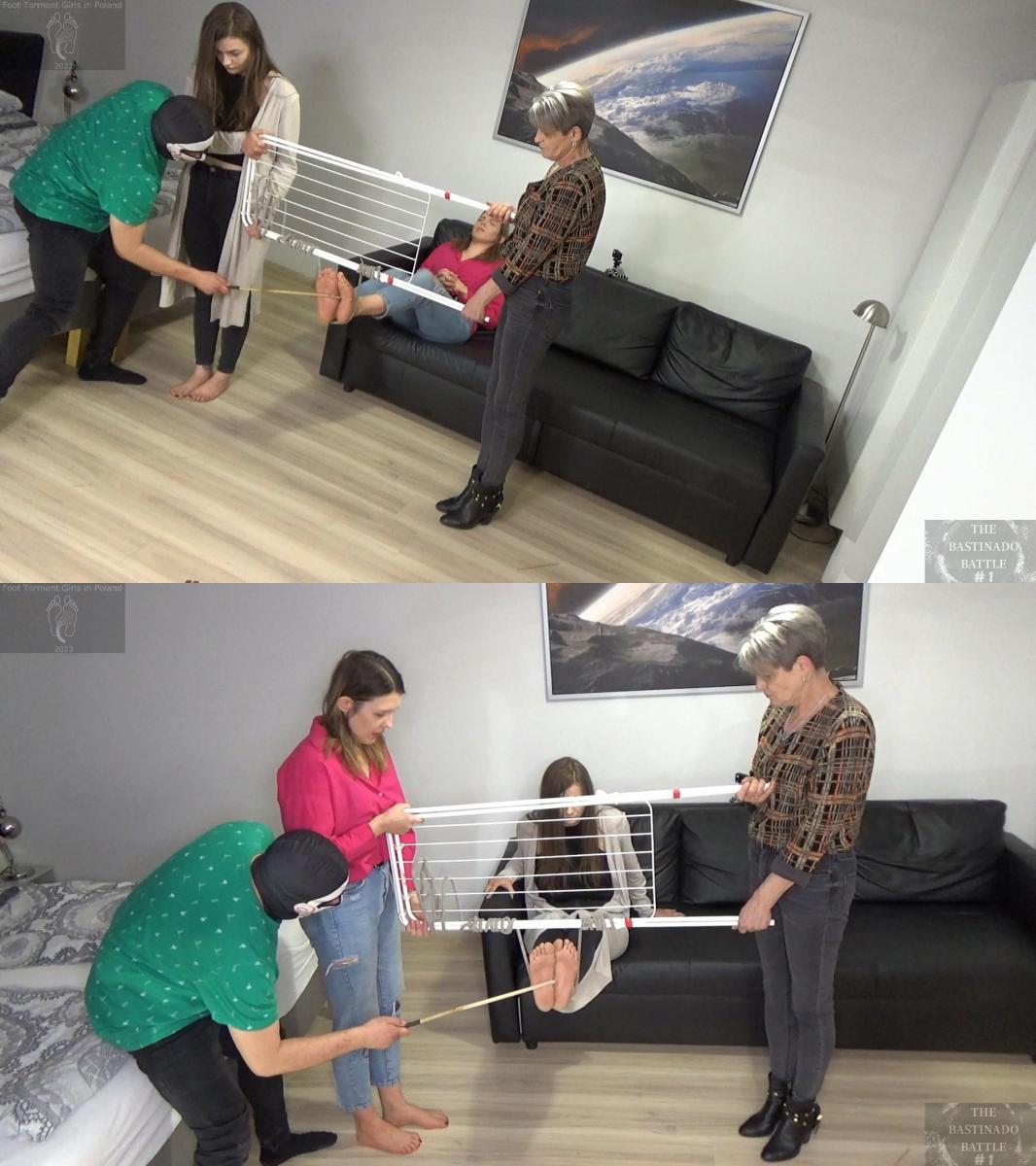 The Bastinado Battle One - Aliana vs Frankie Foot torment girls in Poland<br>Welcome to my next bastinado idea;)<br><br>This time the format is based on a competition between two (and in the future I hope even more) girls.<br>The rules are simple; each girl puts her feet in the bastinado harness for as many strokes as she wants. If she quits, another girl takes her place. The players are allowed to repeat their turns as many times as they want. To win the task, two conditions must be met at the same time; the last to unhook her feet from the bastinado harness while the next girl gives up her turn, and to endure the most strokes (to make it more difficult, strokes aren't counted during the recording). If both conditions aren't met for one person, the task has no winners.<br><br>The tools I used in this session were a bamboo stick, a traditional English leather belt, and an electric extension cord.<br><br>Interesting fact; The older woman holding the bastinado harness is Aliana's step-mother (the girl in the black jeans)<br><br>Category BASTINADO <br>Related Categories Foot Fetish,  Bdsm,  Caning,  Barefoot,  Submissive / Slave Training <br>Keywords Aliana, Frankie, Bastinado Battle, Two Girls Bastinado, Falaka<br><br>脚折磨女孩在波兰<br>欢迎来到我的下一个bastinado想法;）<br><br>这一次的格式是基于两个（未来我希望更多）女孩之间的竞争。<br>规则很简单，每个女孩都把她的脚放在巴斯蒂纳多马具里，她想要多少笔。 如果她退出，另一个女孩取代她的位置。 玩家可以重复他们的回合多次，因为他们想要的。 为了赢得这项任务，必须在同一时间满足两个条件：最后一个将她的脚从巴斯蒂纳多安全带上解开，而下一个女孩放弃轮到她，并且忍受最多的中风（为了使它更加困难，在录音期间不算中风）。 如果一个人没有满足这两个条件，任务就没有赢家。<br><br>我在这次会议中使用的工具是竹签，传统的英国皮带和电动延长线。<br><br>有趣的事实;持有bastinado线束的老年妇女是Aliana的继母（黑色牛仔裤的女孩）<br><br>类别BASTINADO <br>相关类别恋足癖，Bdsm，鞭打，赤脚，顺从/奴隶训练 <br>关键词Aliana，Frankie，Bastinado战斗，两个女孩Bastinado，Falaka 