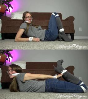Bound in boots and cleave gagged A cute little video of me wriggling in my knee high boots, tight jeans and my pantyhose peeking out from underneath as my shirt raises while I seduce you with doe eyes and gag talk!