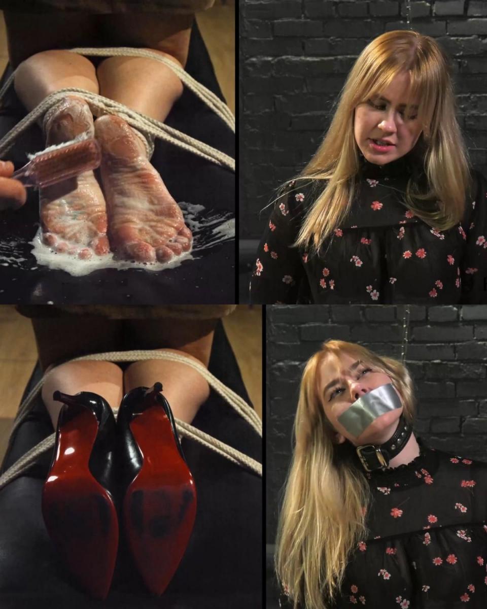 Krelly - Soapy Ticklish Interrogation 在这个故事中，可爱的秘书克雷利发现自己陷入了困境。 歹徒将她的手脚绑起来，让她跪在长凳上。 更糟糕的是，他还给她戴上了项圈，项圈用链子固定在天花板上。 克雷利没有逃脱的机会。 问题是，秘书掌握了歹徒需要的有价值的信息，即她担任秘书的公司资金的保险箱密码。<br><br>她自然没有将密码告诉歹徒，但他察觉到她不简单，隐瞒了什么。 他开始寻找代码，瞧，脱掉她的高跟鞋后，他发现了写在她脏鞋底上的代码。<br><br>好吧，Krelly，代码已经获得，现在是时候把它从你的脏脚上洗掉了！ 装配工拿起肥皂，在克雷利的脚底涂上泡沫，然后开始擦洗她肮脏的脚。 克雷利非常怕痒，这个过程让她发疯。 她因不断地用刷子和梳子挠痒痒而笑起来。<br><br>当一切完成后，她脚上的证据被抹掉后，歹徒就离开了她，并用胶带封住了她的嘴。<br>享受！In this story, the cute secretary Krelly found herself in a difficult situation. A gangster tied her hands and legs and made her kneel on the bench. To make matters worse, he also put a collar on her, which was attached to the ceiling by a chain. Krelly has no chance of escape. The problem is that the secretary has valuable information that the gangster needs, namely the code to the safe with the company's money, where she works as a secretary.<br><br>Naturally, she didn't tell the gangster the code, but he sensed that she was not simple and was hiding something. He began to search for the code and voila, after removing her heels, he finds the code that was written on one of her dirty soles.<br><br>Well, Krelly, the code has been obtained, and now it's time to wash it off your dirty feet! The rigger takes soap, lathers Krelly's soles, and starts scrubbing her dirty feet. Krelly is very ticklish, and this procedure drives her crazy. She laughs from the continuous tickling with brushes and combs.<br><br>When it's done and the evidence is erased from her feet, the gangster leaves her alone, taping her mouth shut with tape.<br>Enjoy!