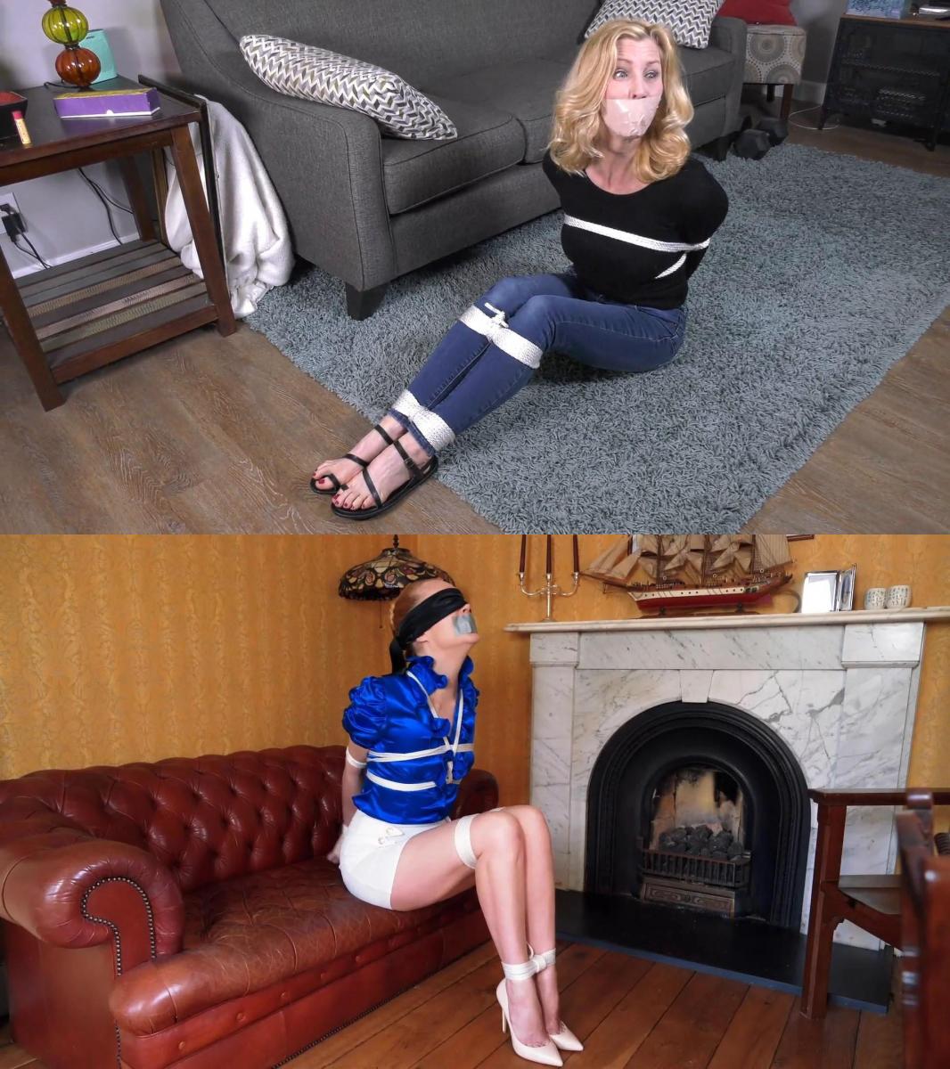 Eden, Aiden and Ariel: Hot MILFs in Bondage - FULL FIVE-SCENE VIDEO Eden、Aiden 和 Ariel：束缚中的热辣熟女 - 完整的五场景视频 / Eden, Aiden and Ariel: Hot MILFs in Bondage - FULL FIVE-SCENE VIDEO<br><br>伊登·威尔斯 (Eden Wells) 并没有期待有人陪伴，所以她穿着黑色毛衣、牛仔裤和凉鞋，以放松心情。 但一名小偷入侵者在毛衣的凸面处添加了白色的紧绳，并将她的双腿钉在一起； 在把布塞进伊登的嘴里并用胶带粘好后，他开始了他的邪恶事业，而他不幸的女主人无力地坐在地板上。 尽管伊登从臀部移动到膝盖再到腹部，她希望能松开打结的线圈，但被捆绑和堵嘴的金发女郎仍然处于他们盲目的控制之下。<br><br>这位不速之客再次将伊登的独处时光变成了一段艰难的束缚经历。 穿着丝质黑色睡衣的伊登感到惊讶，她尝到了嘴唇之间的布和覆盖她嘴的胶带的味道，然后她的手腕被另一张胶带固定在背后。 在她的脚踝也被胶带固定在一起后，伊登赤脚躺在沙发上，在那个对她进行羞辱性束缚的男人的注视下扭动着。<br><br>当伊登同意她的仇敌建议的盗窃计划时，她遇到了另一种麻烦。 他证实，如果她在事后被绑住并堵住嘴，那么在他们办公室的内部工作看起来会很真实，所以伊登允许她的手腕和脚踝用拉链束缚。 一旦她的嘴被胶带封住，绳索收紧她的躯干，伊登就坐在椅子上，准备扮演一个无辜的俘虏，令人信服。 但当她发现盗贼中没有荣誉的真相时，她作为少女的表现变得尤其令人印象深刻。<br><br>艾登·阿什利对她受到的限制感到非常不满：这位苗条的女商人被紧紧地绑着，用打结的布塞住嘴，绑在她坐的长凳上，她知道自己被有效的束缚所打败。 克制她的肇事者很高兴看到艾登穿着紧身皮迷你裙和蓝色衬衫挣扎，但当她变得过于暴躁时，她被转移到床上。 艾登的双腿被绳子交叉起来，赤脚在臀部写字，然后顺从地靠在枕头上。<br><br>身材高大、苗条的阿里尔·安德森 (Ariel Anderssen) 发现自己陷入了与艾登类似的困境，她被捆绑着，嘴巴被胶带封住，眼睛被蒙住，坐在沙发上挣扎。 爱丽儿也穿着衬衫和裙子，她鼓足了劲，把眼睛从眼罩上解放出来，然后脱下白色高跟鞋，这样她就可以爬到硬木地板上了。 爱丽儿仍然决心逃跑，她光着脚蜷缩起来，同时与阻力很大的绳索作斗争，但在她的长腿被绑在紧贴双手的地方后，她脱身的可能性急剧上升。<br><br>Eden Wells hadn't been expecting company so she was dressed for relaxation in a black sweater, jeans and sandals.  But a thieving intruder added tight white rope that framed the sweater's convexities and pinned her legs together; after stuffing cloth in Eden's mouth and taping it in place, he went about his nefarious business while his unfortunate hostess sat powerless on the floor.  Although Eden moved from hips to knees to stomach in contortions that she hoped would loosen the knotted coils, the bound and gagged blonde remained under their mindless control. <br><br>Once again the unwelcome visitor turned Eden's alone time into a difficult bondage experience.  Surprised in her silky black pajamas, Eden tasted cloth between her lips and duct-tape covering  her mouth before her wrists were secured behind her back by another tape application.  After her ankles were also pinned together with tape, Eden lay barefoot and writhing on her couch under the eyes of the man responsible for her humiliating restraint.<br><br>Eden found trouble of a different kind when she agreed to a larcenous scheme suggested by her nemesis.  He argued that an inside job at their office would look authentic if she was left bound and gagged in its aftermath, so Eden allowed her wrists and ankles to be restrained by zip-ties.  Once she was tape-gagged and rope tightened around her torso, Eden sat in her chair and prepared to put on a convincing act as an innocent captive.  But her performance as a damsel in became especially impressive when she discovered the truth that there's no honor among thieves.         <br><br>Aiden Ashley was very unhappy with her restrictive situation:  Tightly tied, gagged with a knotted cloth and hitched to the bench where she sat, the slender businesswoman knew she was overmatched by her efficient bondage.  The perpetrator of her restraint enjoyed the sight of Aiden struggling in her tight leather miniskirt and blue blouse, but when she became too rambunctious she was transferred to a bed.  Her legs folded by a rope-link, Aiden writhed barefoot on her hip, then lay back against a pillow in submission.<br><br>Tall, slender Ariel Anderssen found herself in a predicament similar to Aiden's as she sat struggling bound, tape-gagged and blindfolded on a couch.  Also clad in blouse and skirt, Ariel mustered impressive energy to free her eyes of the blindfold, then slipped out of her white pumps so she could edge onto the hardwood floor. Still determined to escape, Ariel curled up barefoot while battling the resistant ropework but the odds against freeing herself rose steeply after her long legs were tightened close to her hands in a hogtie.   