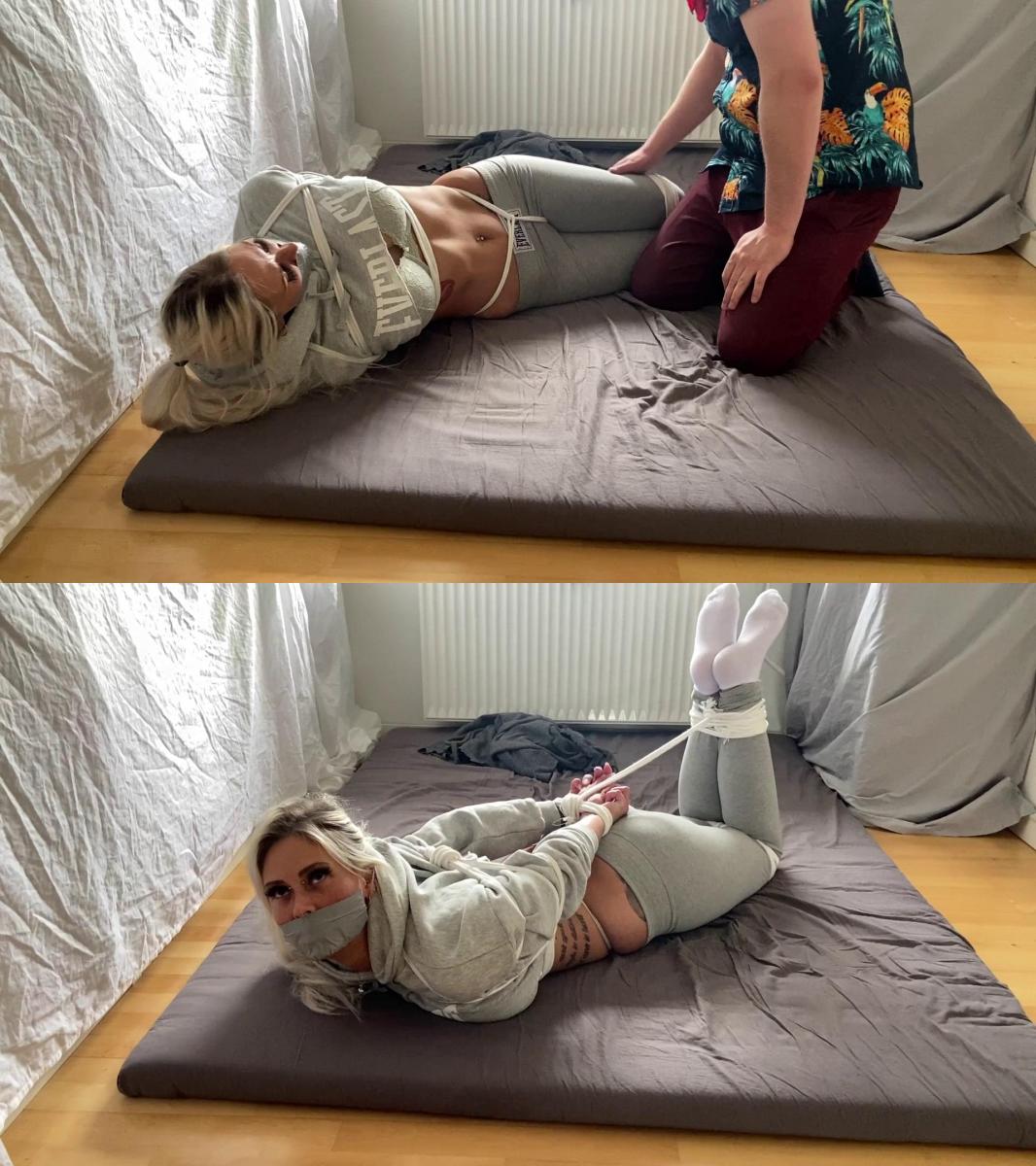 Liz - Casual Day Off In Bondage 莉兹计划在家度过休闲的一天。<br><br>但在回家的路上，她被一个人从后面抱倒。<br><br>接下来她知道的是她在一个她不认识的房间里醒来<br><br>一个男人拍打她的脸颊，她醒了。 她不知道自己在哪里。 - 那家伙绑住了她的胸部。 后来他回来给莉兹绑了一条裤裆绳。<br><br>他告诉她，她将在这里呆几个小时，她只需要放松一下。<br><br>Liz had planned a casual day for herself at home.<br><br>But at some point on her way home, she was taken down from behind and by some guy.<br><br>next she knows is she is waking up in a room she does not know<br><br>a guy is slapping her on her cheek and she wakes up. and she don't know where she is. - the guy ties up her chest. and later on he comes back and put's a crotch rope hogtie on Liz.<br><br>He tells her that she will be here for some hours and that she just have to relax.