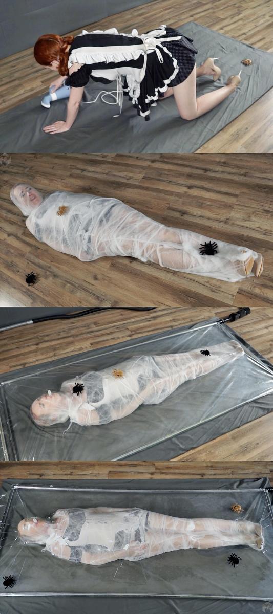 A cocoon of spider webs in a vacuum bed 小女仆在收拾卫生的时候被邪恶蜘蛛偷袭并控制。<br>紧紧的被包裹成蛛丝木乃伊，不论怎么挣扎都无济于事。<br>随后又被装入透明真空床，随着空气被抽干，整个人被紧紧拘束住，无助的蠕动着。