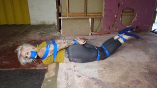 Princess and the tape Tight Jeans, Ballet Flats, Mustard Tanktop Sweater and Princess. Just add tape. Well she starts it all off, taping her face and her legs. She asks AGB to do the rest, which of course we do.