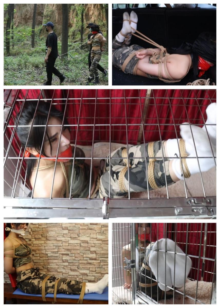 荒野遇险（下) 被吊折磨了好长一段时间，美女仍未松口透露出一丝有用的情报，失去耐心的两坏人决定将她押回大本营好好伺候。就这样二人将美女放了下来，取了堵嘴的口球，又将一双棉袜塞入美女的嘴里，接着用红色胶带缠绕封上，堵嘴封嘴好后，美女发出呜呜呜的声音，坏人又找来一条黑布，将美女眼睛严严实实蒙了起来，美女是最不能叫，眼不能看，只能任由坏人摆布押往大本营，坏人将美女押到车上，把美女驷马倒攒蹄结结实实的捆绑在后备箱里，坏人又想了个损招，将美女的臭靴子脱下来，怼到女人鼻子边，让她闻靴子的味道，美女身子扭动挣扎，嘴巴呜呜呜抗议。让美女把靴子的味道闻够后，坏人将后备箱关上，开车将美女运往。在大本营里，美女被捆绑在老虎凳上，坏人对其使出浑身解数，马鞭抽打，挠脚心，挠腰，摸胸，还换着花样堵嘴，美女的樱桃小嘴被袜子，厚毛巾塞得满满的，坏人如何使坏也只能发出呜呜呜的声音。坚持了好久，美女依然不肯松口，恼凶成怒的坏人决定把美女像关动物一样关到厕所的笼子里，于是将美女捆绑结实，封堵好口后，扛起来，带到卫生间，关进了一个狗笼里，反锁上让美女在狗笼里挣扎呜呜呜！<span style='color:#b0b0b0;'>[隐藏文字，购买后可见]</span>
