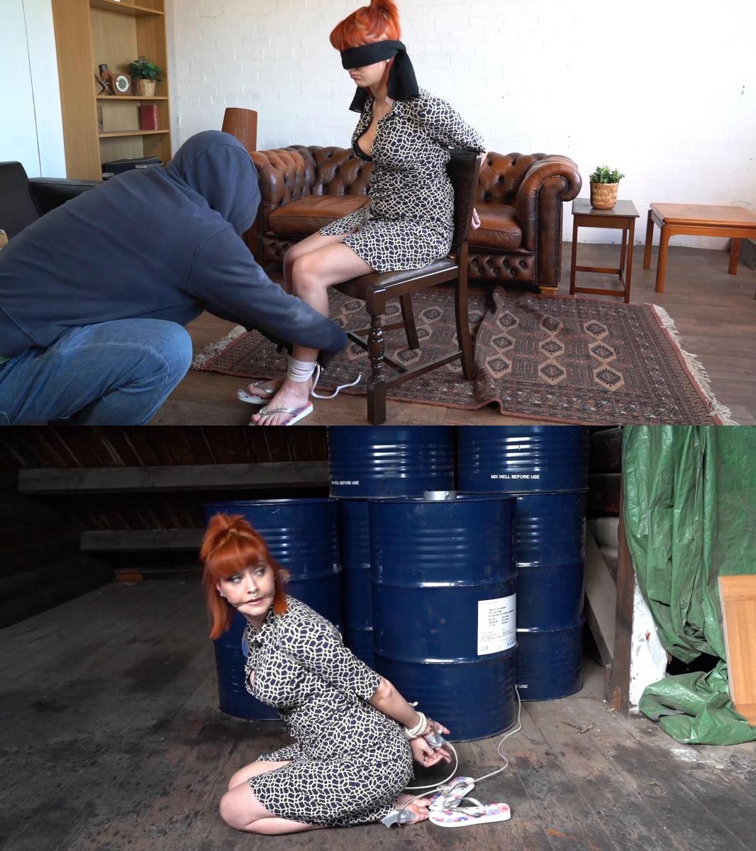 2260 Amber and Mia in Flip Flop Peril 安布尔四处窥探并被抓住。 绑在椅子上，然后带到阁楼，放在一些不起眼的带有电线的桶旁边。 米娅会来救她的！ / Amber is snooping around and gets caught. Tied to a chair and then taken to the attic and placed next to some non-descript barrels with wires. Mia will come and save her!