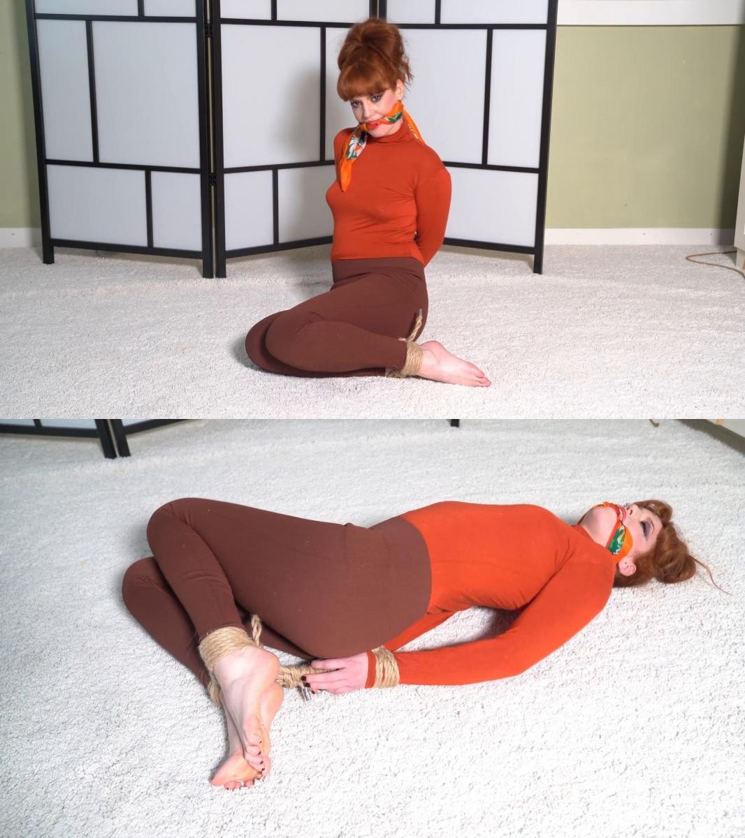 3171 Zoe in Turtleneck Tie Up 佐伊要求将其捆绑起来。 她穿着紧身高领毛衣、紧身裤和芭蕾舞鞋，还有一条可以用来堵嘴的丝巾。 好吧，显然我们必须遵守，用旧绳子把她紧紧地捆住。 打气筒在挣扎中脱落，让她光着脚，扭动着。<br><br>Zoe demands to be tied up. Wearing a tight turtleneck sweater, tight leggings and ballet pumps, she also has a silk scarf that can be used for a gag. Well, obviously we must comply and use the old ropes to tightly hogtie her. The pump come off in the struggles leaving her barefoot and wriggling.