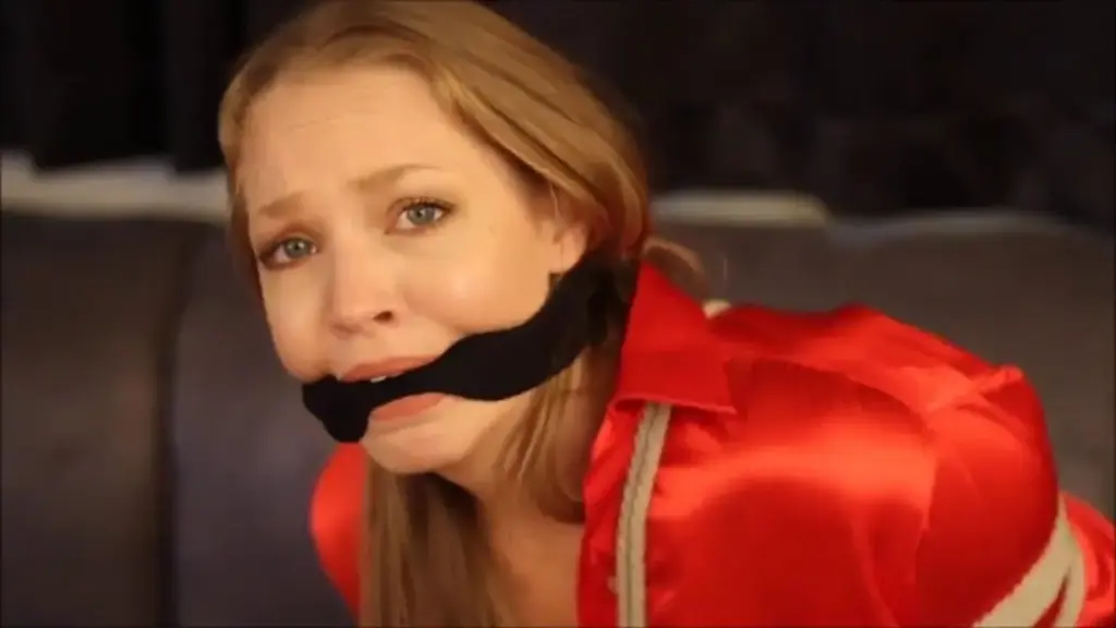 Sara Liz in: Cops &amp; Robbers Gone Wrong! When gorgeous babysitter Sara Liz agreed to play a game of 'Cops & Robbers' she never imagined it to include tight rope bondage and a mouth stuffing cleave gag. Sara persistently commands the little bastards to release her from her captivity before their parents get home and find her like this. But her complaining mouth is eventually silenced with a white sock and a tight cleave gag that really shuts her up. Sara should've been the one in charge but now that she's all tied up and gagged she definitely isn't. There's only one thing left for Sara to do now that she can't talk anymore: to squirm and struggle for her freedom in that sexy red satin blouse and those skintight black leather pants!<br>