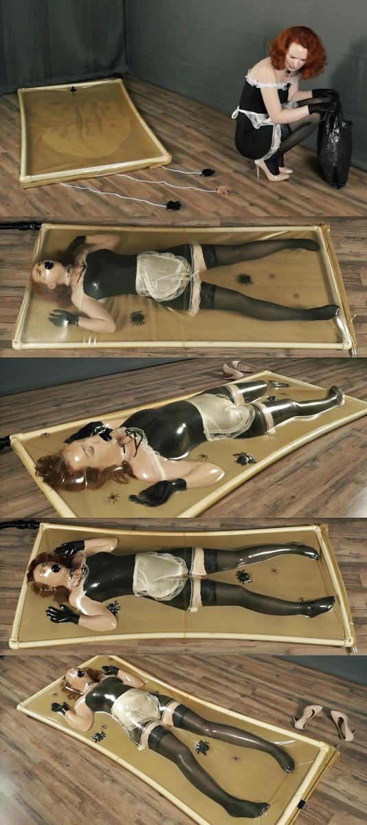 Cleaning cobwebs with a maid in a latex bed 黑丝高跟小女仆在地下室清理墙上的蛛网。<br>没想到却惹怒了蜘蛛们。<br>被蜘蛛们把她拖入透明真空床，抽干空气。<br>可怜的小女仆只能无助的蠕动挣扎。
