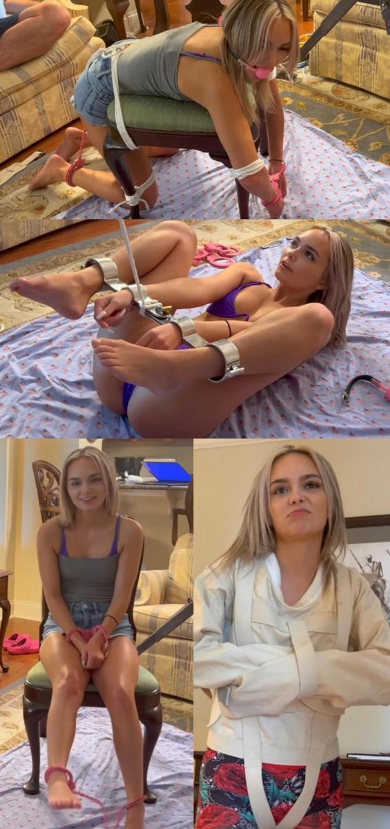Paid to Escape 7 Small MP4 布莱克·拉维斯塔 (Blake Lavista) 再次与山姆 (Sam) 和时髦的罗西·缎 (Rosie Satin) 合作。 山姆和罗西决心让她陷入无法挣脱的束缚，而性感的布莱克说她可以摆脱任何事情。 谁赢得了这次挑战？ 山姆使用各种类型的束缚装备，包括脚镣和链条、手铐、身体安全带、胶带等等！ 观看布莱克穿着华丽的紫色比基尼挣扎，然后将她的手和脚踝全部套在钢制安全带中！ 她说的是大话，但这一次她能逃脱吗？Blake Lavista is at it again with Sam and the sassy Rosie Satin. Sam and Rosie are determined to put her in bondage she can’t possibly break out of, and the sexy Blake says she can get out of anything. Who wins this challenge? Sam uses all types of bondage gear, including shackles and chains, handcuffs, body harnesses, tape, and much more! Watch Blake struggle in a gorgeous purple bikini, and get placed on her back with her hands and ankles all in a steel harness! She talks a big game but does she escape this time?!