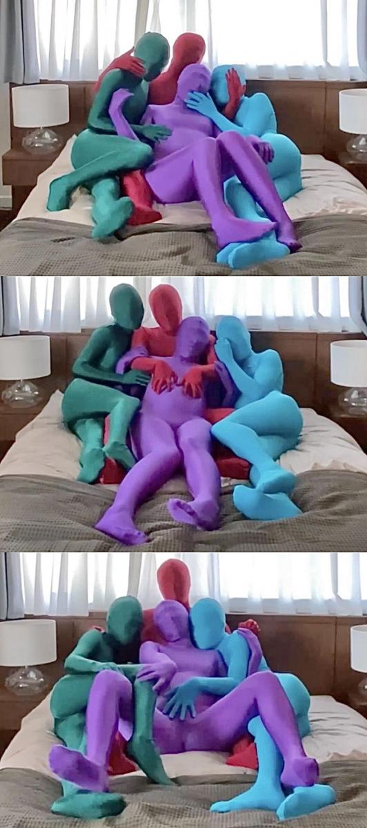 2024-02-2 【︎✿小花︎✿】②4 ZENTAI SURISURI 四人zentai群P，华花小姐姐被两女一男围住上下其手。<br>四具被丝滑zentai包裹住的躯交织缠绵在一起，大家一起纵享丝滑。<br>(绿zentai那位最骚，手脚最不老实，还扭着骚腰各种蹭来蹭去~~~)