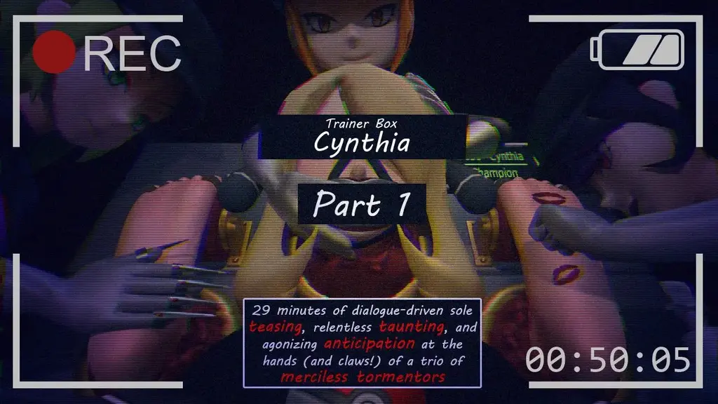 Trainer Box: Cynthia - Part 1 原作者：ElectricChimera<br>简介：雏鸟冠军希拉尼在穿越关都时试图关闭火箭队的阴谋，但稍许自负使她落入寻求打败的敌人手中！现在被捕并被囚禁的希拉尼，脚底完全裸露，必须忍受一系列绝对痛苦的抚弄、无情嘲弄和无情的挠痒，由三名火箭队打手亲手进行，他们唯一的愿望就是彻底击败这个可怜的冠军！<br>将这位可怜的俘虏冠军热身并锁在臭名昭著的训练师箱里后，邪恶的火箭队三人组进一步戏弄、挠痒和折磨着这位可怜无助的囚犯！看着辛西娅的娇嫩脚底和脚趾被无情地擦洗、抓痒、刷洗、摩擦、探索和折磨至极限！