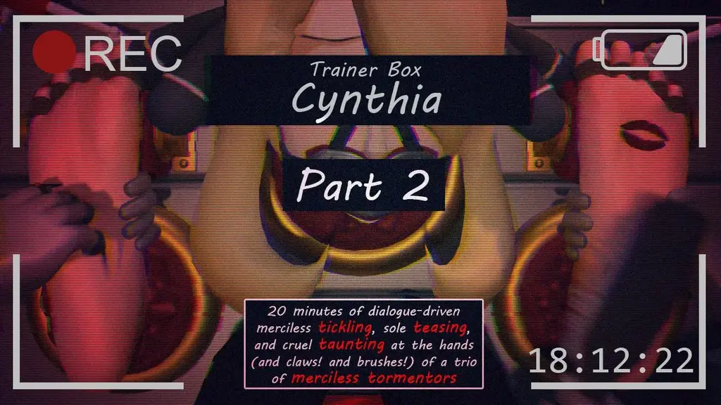 Trainer Box: Cynthia - Part 2 作者：ElectricChimera<br>简介：雏鸟冠军希拉尼在穿越关都时试图关闭火箭队的阴谋，但稍许自负使她落入寻求打败的敌人手中！现在被捕并被囚禁的希拉尼，脚底完全裸露，必须忍受一系列绝对痛苦的抚弄、无情嘲弄和无情的挠痒，由三名火箭队打手亲手进行，他们唯一的愿望就是彻底击败这个可怜的冠军！<br>将这位可怜的俘虏冠军热身并锁在臭名昭著的训练师箱里后，邪恶的火箭队三人组进一步戏弄、挠痒和折磨着这位可怜无助的囚犯！看着辛西娅的娇嫩脚底和脚趾被无情地擦洗、抓痒、刷洗、摩擦、探索和折磨至极限！