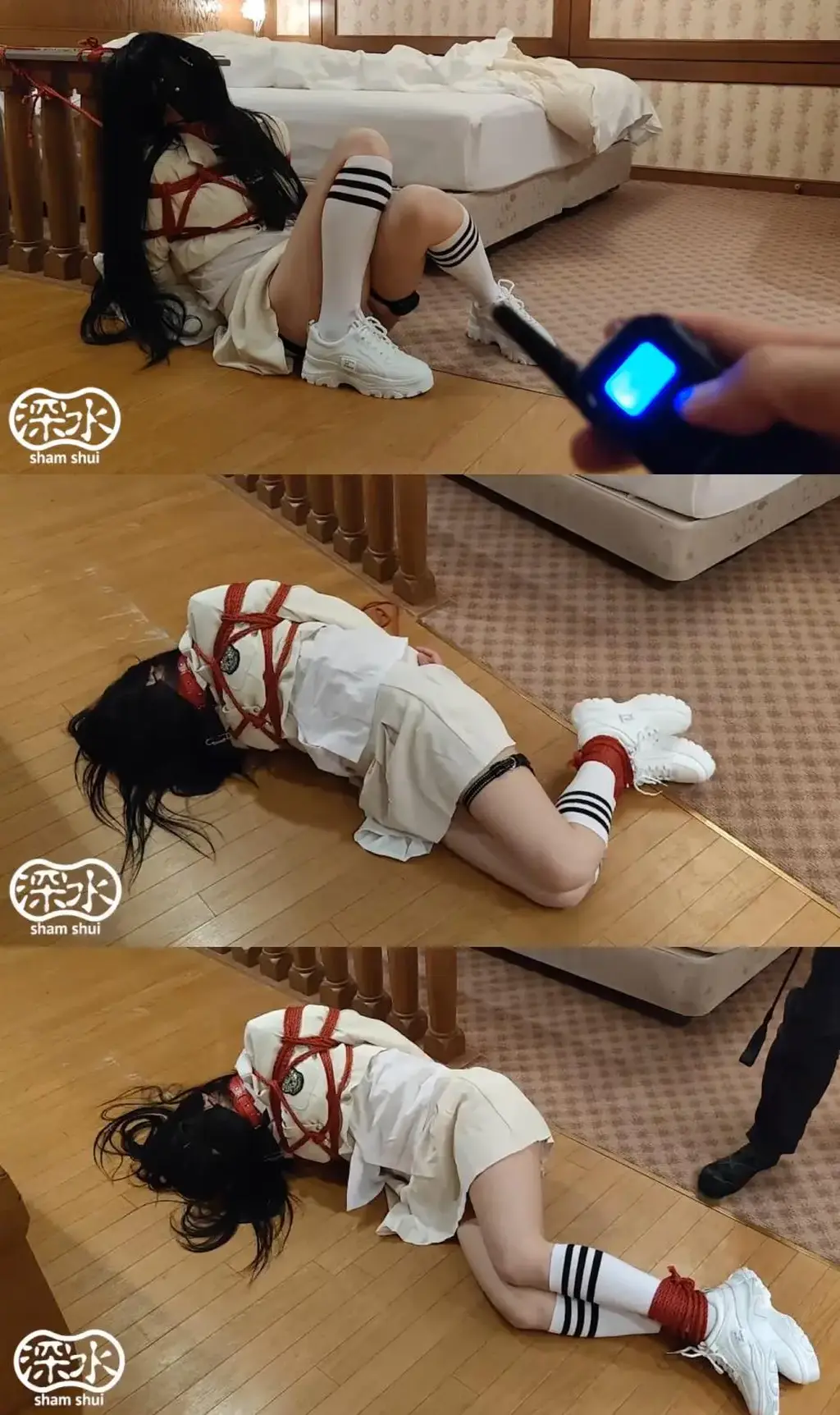 白ブレザー制服女子が縛られてムチ責めや電気責めに遭う(N子) 白袜 白鞋，妹子遭受捆绑调教<br>主要内容有放置/拘束/电击/鞭打/玩具<br>作者：深水の庭<br><br>白ブレザーの清楚な制服女子が全身縛られて、ひどい目に遭います。<br>踏みつけられたり、ムチで責められたり、電気ショックで拷問されたりします。<br>逃げたくても逃げられず、逃げ場もなくた泣き叫ぶだけです。<br>非情でかわいそうな姿をごらんください。