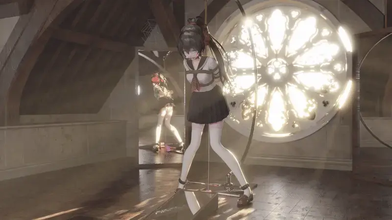 【MMD动画】镜子的使用方式 强制站立 背手拘束 开口器 TD 用几面镜子，同时展现JK制服少女被拘束的多个角度，在两腿之前有一条粉色的线，地板上还有一个开关，少女被拘束的同时还被塞入了奇怪的道具