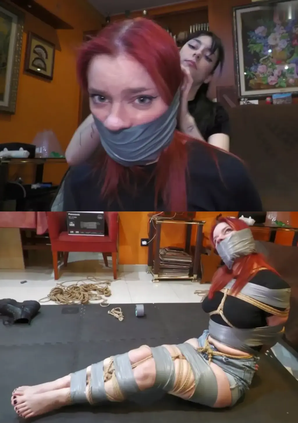 Shelvy tied up and gagged by Andy 安迪热爱她作为恶棍的新生活。 这么多钱，这么多乐趣！ 她总是挑选漂亮的受害者来绑起来堵嘴。 这次她的目标是谢尔维！ 谢尔维是新来的，她最近刚刚搬家，她将会得到第一个惊喜！ 安迪已经潜入她家，正在等她。 当谢尔维到达时，安迪迅速抓住她的手臂，并用绳子绑住她的双手。 “什么……” MMMMMMMMPPPPPPPPPPHHHHHHH！！！！！！”。 安迪用手堵住了她。 她脱下袜子，用袜子和一个用 100 毫米胶带封住谢尔维的嘴。 然后她用很多绳子把她绑起来，同时嘲笑她并告诉她她会偷走她拥有的一切“MMMMMMMMPPPPPPPHHHHHHHH!!!!!!!!!”。 当她被绳子绑起来时，安迪留下几分钟去寻找战利品。 谢尔维在地板上挣扎，但绳子太紧了！ 她无法逃脱。 但当安迪回来看到谢尔维一直试图逃跑时，她决定也用胶带把她绑起来！ 既然她已经确定谢尔维不会去任何地方，而且她已经拥有了所有的战利品，安迪离开了，谢尔维被绑在那里，堵住嘴，完全无助！ 她的挣扎是徒劳的，她哪里也去不了！ “MMMMMMMMMMMPPPPPPPPPPPPPPHHHHHHHHHHH！！！！！！！！！！！！”。Andy is loving her new life as a villain. So much money, and so much fun! She always picks pretty victims to tie up and gag. This time her target is Shelvy! Shelvy is new at town, she just moved recently, and she’s gonna get her first surprise! Andy has already sneaked into her house and is waiting for her. When Shelvy arrives, Andy quickly grabs her arms and ties her hands with rope. “What the…. MMMMMMMMMMPPPPPPPPPPHHHHHHHH!!!!!!!!”. Andy handgags her. She removes her socks and gags Shelvy with the socks and a huge gag with 100mm tape. Then she ties her up with a lot of rope while she mocks her and tells her she’s gonna steal everything she has “MMMMMMMMPPPPPPPHHHHHHHH!!!!!!!!!”. When she’s tied up with rope, Andy leaves a few minutes to look for the loot. Shelvy struggles on the floor, but the ropes are so tight! She can’t escape. But when Andy comes back and sees that Shelvy’s been trying to escape, she decides to also tie her up with tape! Now that she has made sure that Shelvy isn’t going anywhere and she has all the loot, Andy leaves and Shelvy is left there tied up and gagged, totally helpless! Her struggles are futile, she isn’t going anywhere! “MMMMMMMMMMMMMPPPPPPPPPPPPPPPPPHHHHHHHHHHHH!!!!!!!!!!!!!”.
