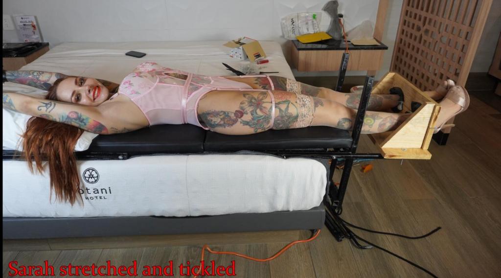 Sarah stretched and tickled Sarah were stretched and tickled, her armpits are super sensitive and ticklish but her worse ticklish spot are her feet, every touch make her laugh and the pantyhose increase the sensation but is even worse because he can't get her feet out of the stocks, so there's no way to avoid this sweet torment...
