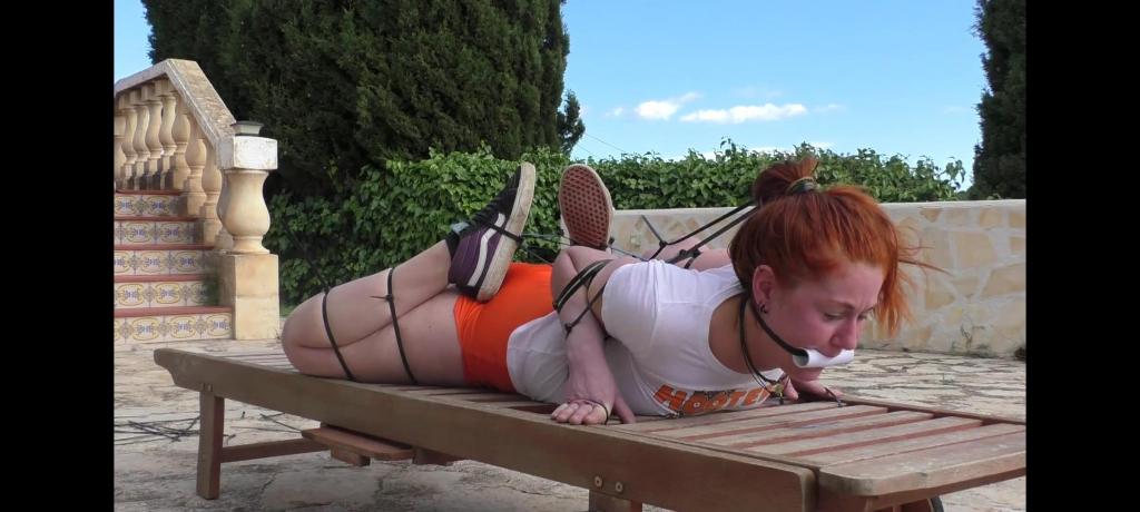The Spain Files - Hooters Girl Outdooe Zip Tie Challenge for Any Twist  Berlin Beauty and Extreme Bondage Lover Any Twist in a new cruel Zip Tie Challenge. Dressed in an original Hooters Girl Outfit she gets tied into a Scorpion Tie with Zip Ties.<br><br>Gagged and unable to move all Any can do is to endure and suffer...
