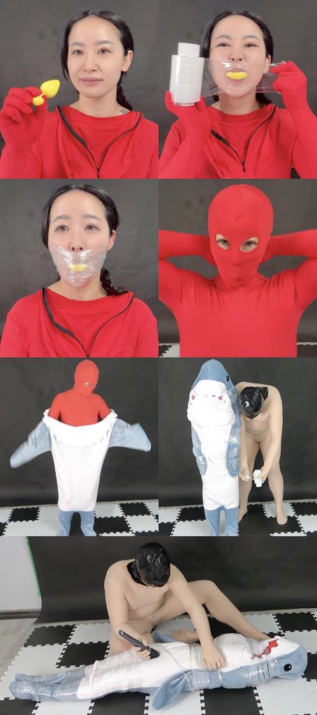海の日特別企画！ ゼンタイ✖️サメパジャマ！マミフィーケーション脱出チャレンジ！ 雏奈子真是越来越漂亮了。<br>这次是包裹强高忍受玩逃脱游戏。<br><br>先是把冈塞塞进嘴巴里，然后用保鲜膜封住。<br>随后穿好zentai，爬进鲨鱼睡袋里。<br>再被男伴用保鲜膜捆成鲨鱼蛹，用快乐棒强高折磨。<br>最后男伴把快乐棒固定在雏奈子裆部，让雏奈子在地上快乐的呻吟蠕动。<br>没想到雏骚货奈子最后竟然从鲨鱼睡袋里逃脱了出来~~~~