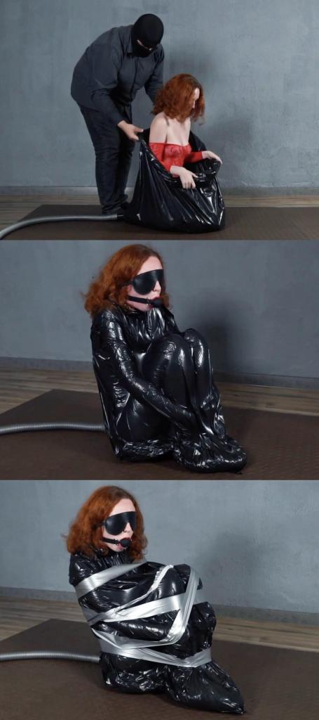 Garbage bag bondage with gray duct tape with penis gag 小姐姐戴上眼罩和口球，被塞进黑色大号塑料袋，随后抽干空气，用胶带捆好，在里面爽的一边呻吟一边快乐蠕动。
