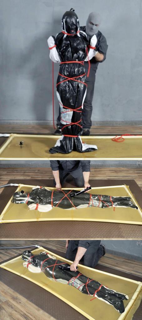 Sonya in orca bondage with red ropes with vibro 小姐姐被装进小鲸鱼睡袋后又被主人用绳子五花大绑。<br>随后装进真空床抽干空气，被主人用快乐棒抵住裆部强高折磨。<br>在真空床里爽的飞起，一边挣扎一边呻吟一边抽搐。