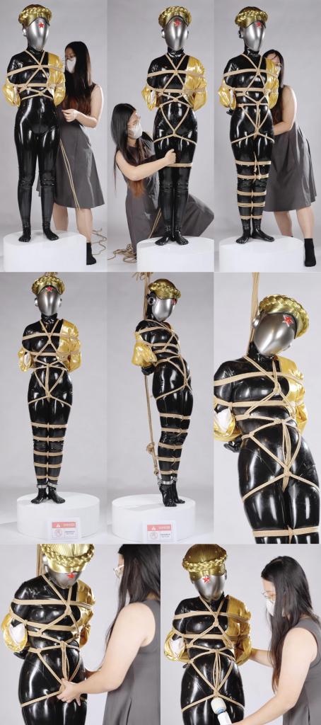 Latex model shibari bondage with vibration 剧情向胶衣大片。<br><br>单纯无知的少女应聘模特工作，却被诱骗签下霸王合同。<br>被迫穿上胶衣套装，cos《原子之心》中的性感双生舞伶。<br>站在展示台上，双臂反别，被人把自己全身从头绑到尾，最后再吊在空中，苦苦挣扎无法逃脱。<br>最后被人用快乐棒强高玩弄，悬在空中蠕动呻吟，一波波糕潮来袭，身体止不住的痉挛抽搐。
