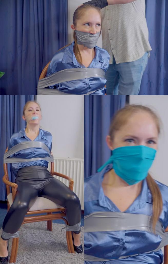 Rachel Adams - Boss Lady Put in Her Place 瑞秋正在向她的员工抱怨，说他必须提高工作效率。她被用胶带绑住，还被用胶带缠住嘴巴，以保持安静。瑞秋在椅子上努力挣扎，同时用嘴巴不停地发出“MMMMPPPH”的声音。她的嘴巴被换成了白色胶带。瑞秋现在真的很生气，想出去发出模糊的恶作剧声音。她的嘴里塞着一块海绵，还有……Rachel is complaining to her employee that he has to get better at his job. She is tied with duct tape and gets a duct tape wrap gag to keep her quiet. Rachel struggles hard in the chair while MMMMPPPHing through her gag. Her gag gets replaced for a white tape gag. Rachel is now really angry and wants to get out producing muffled gag talk. There is a sponge stuffed in her mouth and there...