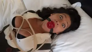 Enchantress Sahrye is Tied &amp; Ballgagged on my bed! Enchantress Sahrye has been nabbed by a guy who's been told to make her disappear for a bit...no problem; she looks GREAT bound and gagged, struggling on the bed!