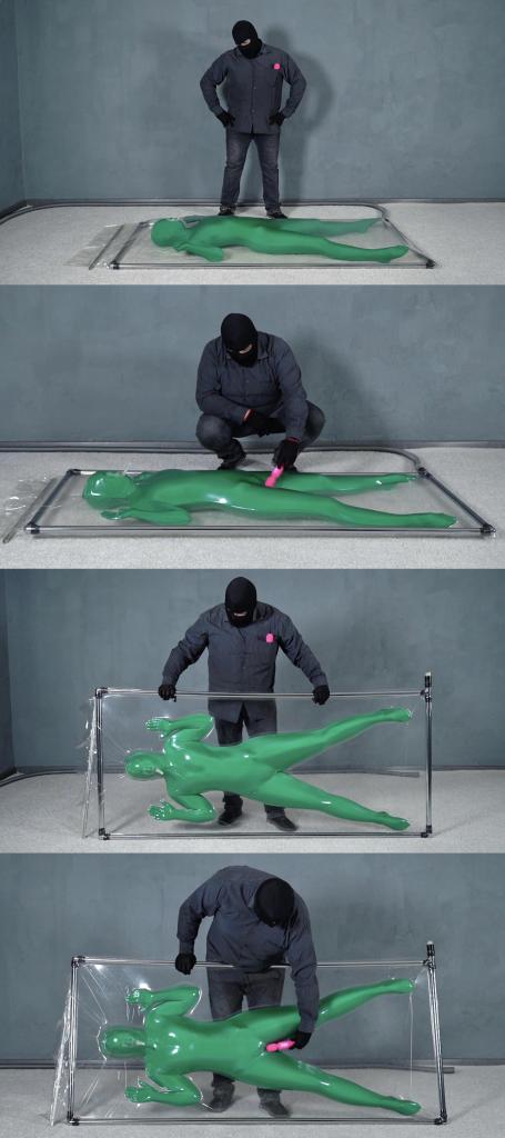 Green man in zentai in transparent vacuum bed with flips and vibration 变色科技zentai女小偷，偷取神秘男子的黑箱子，却中了圈套被锁进透明真空床。<br>随后被神秘男子用快乐棒狠狠强高玩弄。<br><br><span style='color:#b0b0b0;'>[隐藏文字，购买后可见]</span>