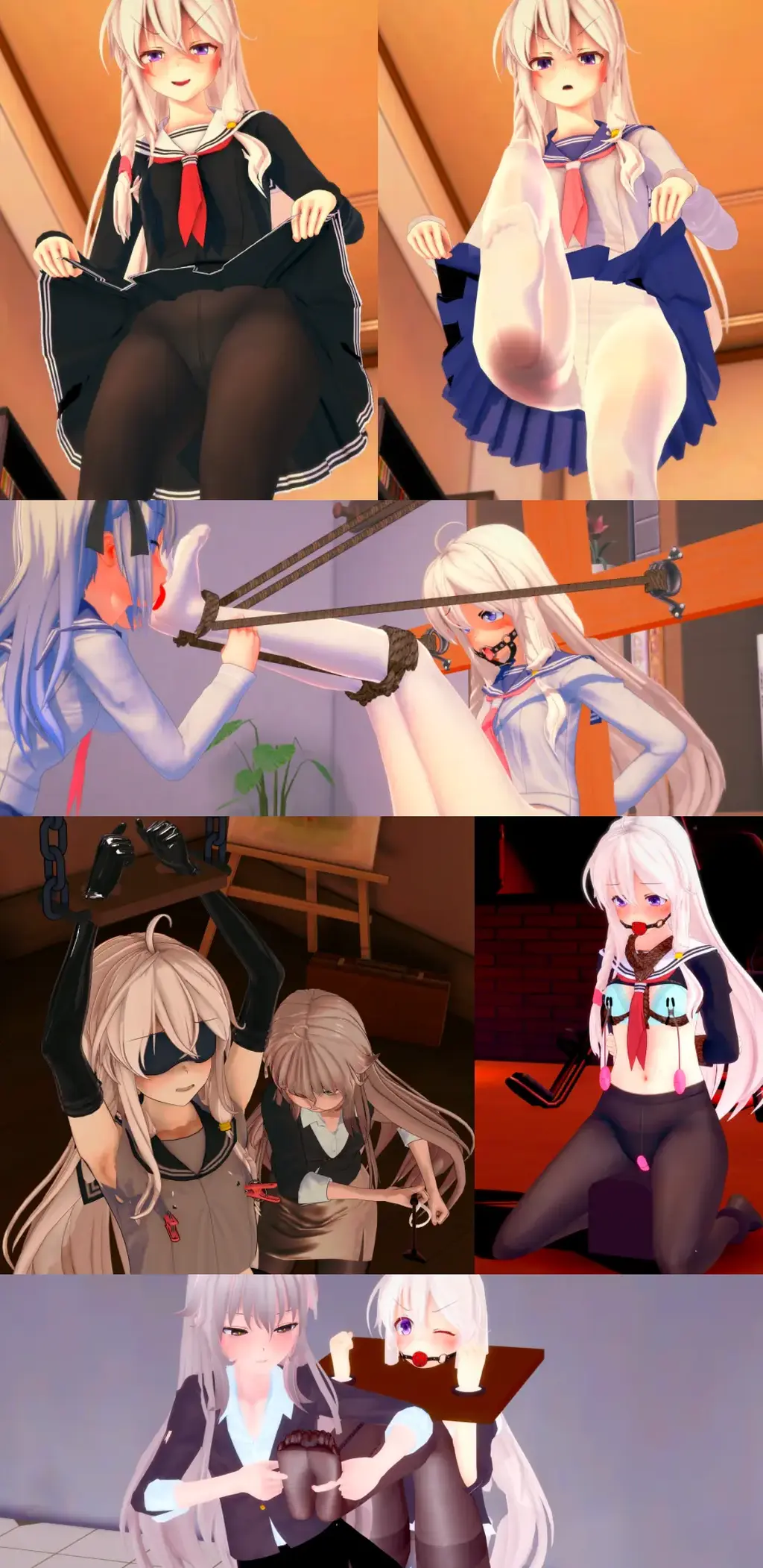 【3D动画】捕获一只野生伊蕾娜，监禁起来备用（拘束调教，玩弄丝足，鞭打惩罚，强制高/潮，机械放置） 【3D动画】捕获一只野生伊蕾娜，监禁起来备用（拘束调教，玩弄丝足，鞭打惩罚，强制高/潮，机械放置）<br>第一部分：伊蕾娜的足踏play，这一部分差分很多，黑丝穿鞋，黑丝丝足，裸足，白丝雪糕，裸足<br>颈手枷玩脚（黑丝/裸足），伪十字架抬腿捆绑舔足（jk/白丝/裸足）<br>第二部分：胶衣 手铐脚镣 拘束鞭打<br>第三部分：最后的强高放置游戏，玩具全开榨汁中......<br>有想看的角色或者玩法可以私信告诉我或者直接在下方留言