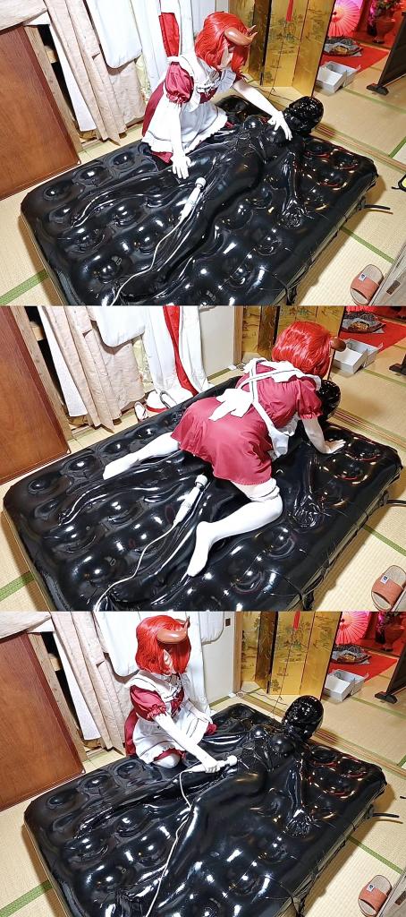 サキュバスと黒娘のバキュームプレイ 娃娃戴着黑头壳，被龟甲缚后，塞进气垫真空床，由小伙伴拿着快乐棒执行墙高折磨。<br><br><span style='color:#b0b0b0;'>[隐藏文字，购买后可见]</span>