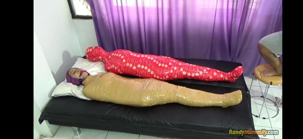 A beautiful girl is mummified and has a ball gag in her mouth A beautiful girl is wrapped into a mummy using cardboard duct tape to layers.<br>The girl’s body is wrapped tightly and leaves the face free.<br>This girl’s mouth is put on a ball gag so she can’t scream.