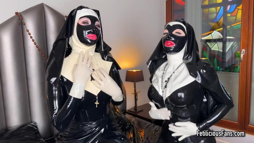 Latex nuns teasing you Can you resist the temptation of these hot latex nuns?<br><br>Let me know in the comments what you would do if you entered the room and found us like this.