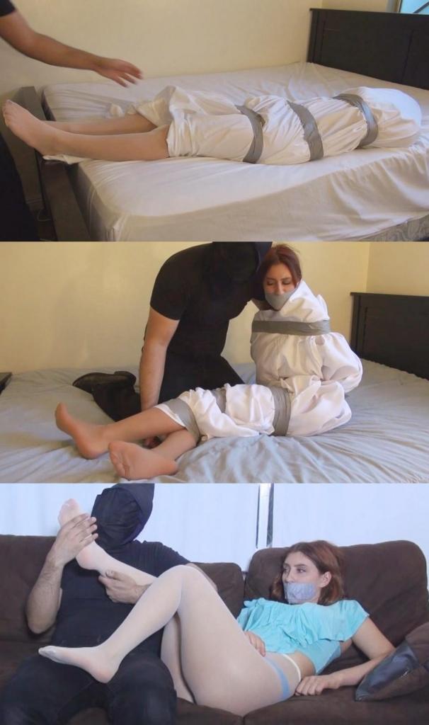 Davina Davis in Superbound Compilation: Taken for a Day by a Crazed Stalker (INSANELY DISCOUNTED) (M Davina Davis in Superbound Compilation: Taken for a Day by a Crazed Stalker (INSANELY DISCOUNTED) (MP4)19 岁的丰满美女戴维娜走进卧室，脱下衣服，只剩内衣，然后穿上裙子、长袜和衬衫，准备出去过夜。她正要走出去，突然转身想跑回去，却被一个蒙面男子抓住。她被堵住嘴，他用胶带把她的手腕绑在一起，命令她保持安静。她问了一些问题，然后被堵住嘴，拖到床上，坐在蒙面恶棍的腿上。然后，他用手抚摸她性感的双腿，也抚摸她的两腿之间。玩够后，他塞住她的嘴，命令她忍住，然后把她抱起来放在床上。他抚摸她性感紧致的年轻身体，挤压她的大[X_X]，然后用手抚摸她的腿和胯部。在这期间，她吐出了抹布，问了几个问题后，她又被塞住嘴，然后用胶带封住嘴。在抚摸了她一会儿之后，他把她放在床上，抚摸她的[X_X]，然后把注意力集中在她的腿上，她的腿也被亲吻和舔舐。她的连裤袜被脱掉，然后他继续亲吻和舔舐她的腿。她的连裤袜被完全脱掉，然后他也舔舐和亲吻她的脚，然后再把连裤袜穿回她的腿上。然后他继续把她放在床单里，把她包起来，用胶带把她紧紧地绑住，好像他要带她去某个地方！她对此不太高兴，因为她被带走去忍受更多的变态恋物癖乐趣。<br><br>达维娜被绑起来，用胶带封住嘴，身上裹着床单，头上套着塑料袋。她一点也不高兴，惊慌失措地喘着粗气，直到她被放在沙发上，袋子被拿开。她有点紧张，然后床单被拿开了。然后，这个邪恶的蒙面男子一边抚摸着她的腿和[X_X]，一边享受着她穿着连裤袜时的抚摸。最后，她从胶带中解脱出来，嘴里的塞子也被取了下来，这让她松了一口气。她被手堵住嘴，并被命令穿上一条新的连裤袜，然后她开始换上。这个奇怪的绑架者被激怒了，他让她坐在腿上，嘴里还一直被塞着嘴，还抚摸着她穿着连裤袜的腿和[X_X]。然后，他用她之前穿的连裤袜塞住她的嘴，再用胶带堵住她的嘴。蒙面男子继续玩弄她的腿和脚，有时还会捏她的[X_X]，但他似乎真的被她性感的连裤袜包裹的腿和脚迷住了。过了一会儿，她又被一张床单盖住，然后她被胶带绑起来带走了。他把她带回卧室，把她从那里抓了出来，但还没有把她放出来。她的腿被解放了，然后他又摸她的腿和脚19 year old busty beauty Davina walks into her bedroom and strips down to her underwear and then puts on a skirt, stockings and blouse for a night out. She is walking out when she suddenly turns around and tries to run back in and is grabbed by a masked man. Kept handgagged she is ordered to say quiet as he tapes her wrists together. She asks some questions and gets handgagged and dragged to the bed where is to sit on the lap of the masked miscreant. He then runs his hands over her sexy legs and in-between her legs as well. After having his fun he stuffs her mouth and orders her to keep it in and then picks her up and puts her on the bed. He fondles her sexy tight young body, squeezing her big tits and then running his hand over her legs and crotch. In the midst of this she spits the rag out and after some more questions she has her mouth re-stuffed and is then silenced by a wraparound tapegag. After fondling her some more he lays her down on the bed and fondles her tits and then focuses her legs, which also get kissed and licked. Her pantyhose are pulled off and then he resumes kissing and licking her legs. Her pantyhose are completely pulled off and then he licks and kisses her feet as well before putting the pantyhose back over her legs. He then proceeds to put her in a bedsheet and wraps her up and tapes her in nice and snug as it seems he is taking her somewhere with him! She isn't too happy about this as she is carried off to endure more perverted fetish fun.<br><br>Davina is carried in already bound and wraparound tapegagged beneath a sheet wrapped over her body and a plastic bag over her head. She's none too happy and hyperventilates in panic until she is put down on the couch and the bag is removed. She's a bit and then the sheet is removed. The evil masked man then gropes her legs and pussy as he enjoys touching her while she is encased in pantyhose. Eventually, she is freed from the tape and her gag is removed, which is a relief for her. She is kept handgagged and ordered to put on a new pair of pantyhose, which she proceeds to change into. Her strange captor is so turned he sits her in his lap while keeping her handgagged and fondles her legs and pussy with the pantyhose on. He then stuffs her mouth with the pantyhose she was previously wearing and then tapegags her mouth. More leg and foot play engross the masked man who sometimes squeezes her tits as well, but he really seems entranced by her sexy pantyhose-encased legs and feet. Sometime later a sheet is put over her again and then she is taped up and carried off. He carries her back into her bedroom where he grabbed her from, but doesn't free her just yet. Her legs are freed though and then he gropes her legs and feet again