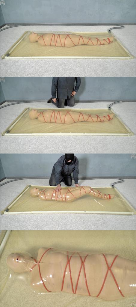 Mummification with bandages and rope bondage with ankle brace in a vacuum bed 小姐姐被绷带包裹成木乃伊，再用绳子全身缚，裆部固定快乐棒。<br>随后被塞进真空床，抽干空气，打开快乐棒强高玩弄。<br>配合主人的挠痒折磨，爽歪歪，舒服的蠕动着。<br><br><span style='color:#b0b0b0;'>[隐藏文字，购买后可见]</span>