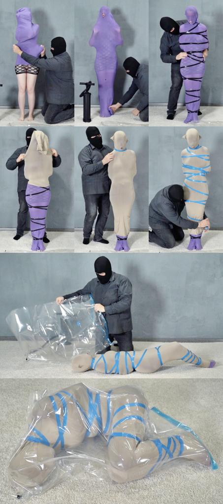 Mummification with nylon cocoons in two layers and vacuum bag bondage 小姐姐被主人用两层丝袜睡袋包裹，每一层再用胶带捆绑加固。<br>随后被塞进真空袋，由主人抽干空气。<br>双层紧致加固包裹，外加真空袋紧紧的吸住身体，太舒服啦。<br><br><span style='color:#b0b0b0;'>[隐藏文字，购买后可见]</span>