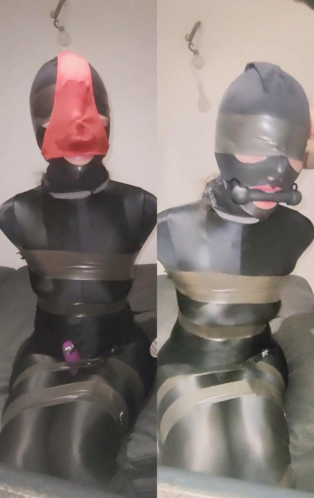 Julia bondage and gagged hooded latex gagged panty 朱莉娅被绑起来，嘴被堵住，戴着她最漂亮的乳胶头罩，她被胶带牢牢绑住，然后巴约内斯脸上套着长袜，穿着漂亮的粉红色小内裤，她要回应我，她的支配者利用了这一点Julia is tied up and gagged wearing her most beautiful latex hood, she is strongly tied with tape then Bayonnais with a stocking on her face and pretty little pink panties she is going to respond to me and her dominant takes advantage of it