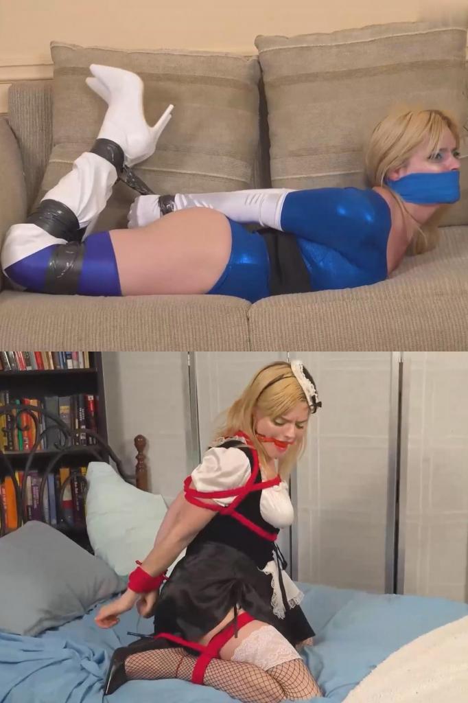 Sage's Bondage Improv - Sage Pillar Luscious Sage Pillar 是下一位玩“Bondage Improv”的模特。我们的游戏少女要掷四个骰子，分别代表束缚材料、口塞类型、位置和场景服装。在游戏的第一轮中，骰子决定 Sage 将扮演一位被胶带绑住、用医用绷带堵住嘴巴的女超人。在这个幻想中，她扮演 Blue Bolt 的角色，一位令人震惊的超级女士，目前正在逮捕被称为 Tapemaster 的恶棍。她追踪到他在郊区的秘密巢穴，并勇敢地与他对峙。但狡猾的罪犯已经准备好对付这位可爱的好人，他创造了一个阻尼场，以防止 Electric Avengeress 使用她的高压力量对付他！穿靴子的超级宝贝被制服了，胶带大师用他那邪恶的防电胶带（当然）绑住了他的对手！蓝博尔特仍然不屈不挠，向他保证她会获胜。恶棍很快就厌倦了她的静电，他用医用绷带堵住了她的勇敢态度。现在面临严重的停电，这位胸部丰满的犯罪克星意识到她真的有麻烦了，当她使用更多的特殊胶带将她绑起来时，情况变得更糟。蓝博尔特继续英勇抵抗，但这种令人厌恶的发展无处发泄。<br><br>在第二轮中，我们这位迷人的少女将扮演一名被绳子绑住并被塞住嘴的女仆。场景开始时，这位可爱的女仆被绑在床上规定的位置，表现得不太令人信服，就像一个被盗贼俘虏一样。Luscious Sage Pillar is the next model to play "Bondage Improv." Our game damsel throws four dice, one each for the bondage material, type of gag, position and wardrobe for her scenes. For the first round of the game, the dice dictate that Sage will play a superheroine who's hogtied with duct tape and silenced with a med-wrap gag. For this fantasy, she plays the part of Blue Bolt, an electrifying super-lady who's currently out to apprehend the villain known as Tapemaster. She's tracked him down to his secret lair in the suburbs, and she bravely confronts him. But the wily criminal is prepared for the delectable do-gooder, and he's created a dampening field to prevent the Electric Avengeress from using her high-voltage powers against him! The booted super-babe is subdued, and Tapemaster has bound his adversary with his diabolical anti-electric tape (of course)! Blue Bolt remains defiant, promising him she'll still prevail. The evildoer quickly tires of her static, and he uses a med-wrap gag to quiet her plucky attitude. Now facing a serious power outage, the busty crimebuster realizes she's in real trouble, and it gets worse when her for uses more of his special tape to hogtie her. Blue Bolt continues her valiant resistance, but there's no outlet from this revolting development. <br><br><br>For her second round, our stunning damsel will play a maid who's frogtied with rope and ballgagged. As the scene begins, the adorable domestic is roped up in the prescribed position on the bed, giving a not-too-convincing performance as the captive of a burglar. 