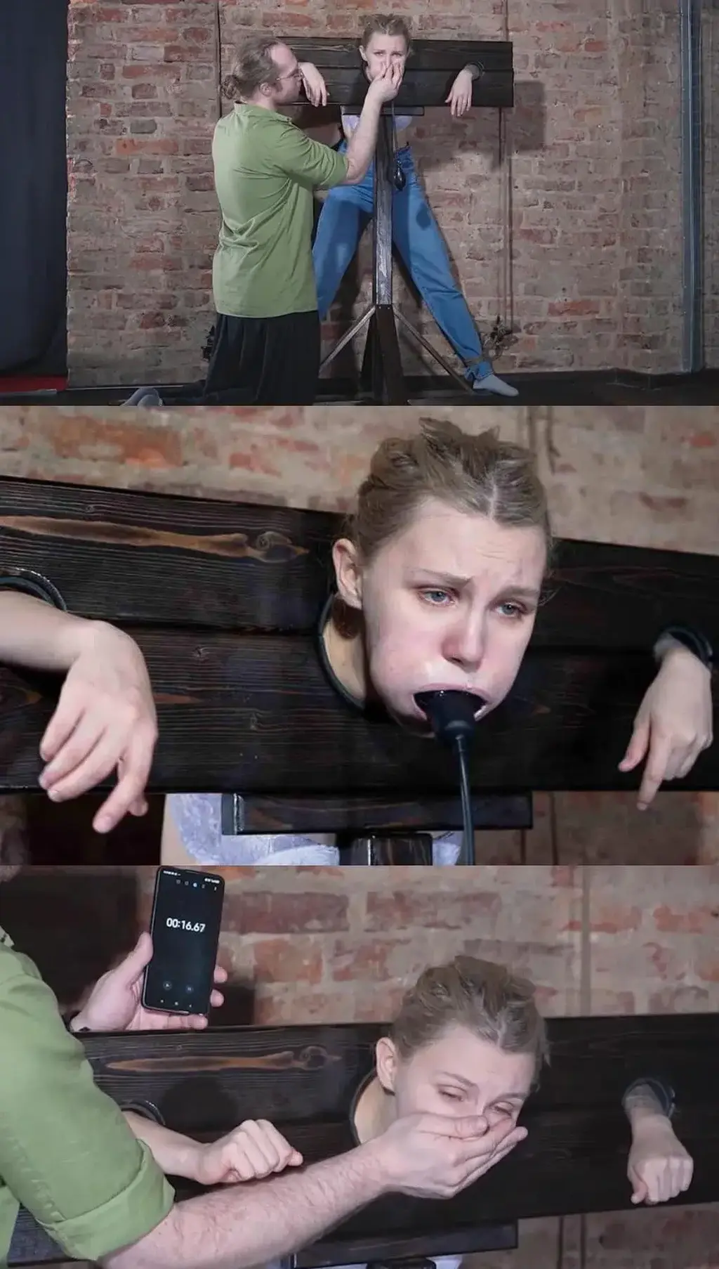 GASPING FOR AIR: FIRST BREATHLESS BDSM LESSON 布兰布尔是一个好奇的新手，她踏入了 BDSM 的世界，发现了呼吸游戏的极限。她的第一堂课是对服从和忍耐的考验。<br><br>布兰布尔被牢牢地绑在枷锁中，她的入会仪式从经验丰富的大师菲德勒开始，菲德勒控制着她的呼吸。每一秒过去，他的手捂住她的嘴和鼻子，不让她呼吸她迫切渴望的空气。时钟滴答作响，她的胸部起伏不定，房间里一片寂静，只剩下她挣扎的声音。菲德勒的时机把握无可挑剔，把布兰布尔推到了极限的边缘，然后在她无法挽回的地步之前放开了她。<br><br>但课程并没有就此结束。菲德勒引入了一个长长的[X_X]状堵嘴，把布兰布尔的下巴张开，捏住她的鼻子，再次切断她的气道。循环继续；屏住呼吸、期待、甜蜜的释放——每一个都比上一个更激烈。布兰布尔的奉献精神从她那沾满口水的下巴中闪现出来，她的眼睛在忍受着无情的训练，乞求着主人的认可。<br><br>好像挑战还不够，菲德勒又增加了一个巨大的抽气口塞。这个装置将布兰布尔的[X_X]训练提升到了新的高度，在她的嘴里充气，测试她的呕吐反射，以最堕落但最迷人的方式夺走她的呼吸。每一次抽气，布兰布尔的决心都会受到考验，她的身体在扭动，她的头脑被取悦主人的强烈欲望所笼罩。<br><br>在整个紧张的训练过程中，布兰布尔的决心显而易见。她是好奴隶的典范，她的每一个反应都证明了她要给主人留下深刻印象的承诺。她的口水描绘了一幅她屈服的画面，这是一场让你喘不过气来的服从的视觉交响曲。Bramble, a curious novice, steps into the world of BDSM and discovers the extreme boundaries of breath play.  Her first lesson is a test of submission and endurance.<br><br><br>Secured firmly in place by the stocks, Bramble's initiation begins with Fiddler, a seasoned Master, taking control of her very breath. With each passing second, his hand covers her mouth and nose, denying her the air she so desperately craves. The clock ticks, her chest heaves, and the room grows silent except for the sound of her struggle. Fiddler's timing is impeccable, pushing Bramble to the edge of her limits, only to release her just before the point of no return.<br><br><br>But the lesson doesn't end there. Fiddler introduces a long, phallic gag, stretching Bramble's jaw wide as he pinches her nose, cutting off her airway once more. The cycle continues; the breath holding, the anticipation, the sweet release—each more intense than the last. Bramble's dedication shines through her drool-soaked chin, her eyes begging for approval as she endures the relentless training.<br><br><br>As if the challenge wasn't enough, Fiddler ups the ante with a massive pumping gag. The device takes Bramble's breath control training to new heights, inflating within her mouth, testing her gag reflex, and stealing her breath in the most depraved yet mesmerizing way. With each pump, Bramble's resolve is tested, her body writhing, her mind clouded with the overwhelming desire to please her Master.<br><br><br>Throughout this intense session, Bramble's determination is palpable. She is the epitome of a good sub, her every reaction a testament to her commitment to impress the Master. Her drool paints a picture of her surrender, a visual symphony of submission that will leave you breathless.