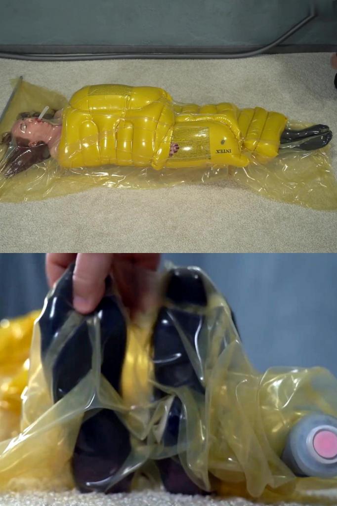 Inflatable mattress bondage in a transparent vacuum shell This year, Sonia is dreaming of inflatable bondage. Mr. Bob thinks about the girl's idea and decides how to make it happen. In the meantime, the guys try to create the same sensations for Sonya with what they have....