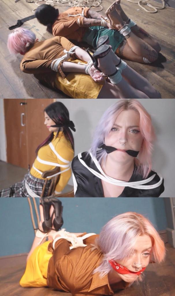 4215 Amber and Liv in Rough Reporting 穿着高跟鞋和衬衫的 Amber 安排了与黑社会的会面。她同意被那个愚蠢的帮手带到旧仓库。但她不知道的是，Liv 也穿着高跟鞋跟着她。她会破坏计划吗？好吧，这当然会导致她们俩被抓获并被绑在椅子上，蒙上眼睛。Amber 与帮手做了一笔交易，希望能见到大老板，但这确实让 Liv 被绑在椅子上。<br><br>Amber 被捆绑着等待大老板，但计划有变。没有大老板，但 Liv 现在被捆绑在她旁边。糟糕！现在怎么办？同样，愚蠢的帮手被引诱着将她们绑在椅子上，条件是她们承诺换上帮手喜欢的一些服装？交易？Amber, in her high heels and blouse, has organised a meeting with the shady underworld. She has agreed to be taken by the dim henchman to the old warehouse. Little does she know, Liv is following her in her heels too. Will she spoil the plan? Well, it certainly let to the both of them being captured and tied to chairs and BLINDFOLDED. Amber does a deal with the henchman, al in the hope of meeting the big boss, but it does leave Liv tied to a chair.<br><br>Amber is hogtied waiting for the big boss, but plans change. No big boss, but Liv is now hogtied next to her. DRAT! What now? Again, the dim henchman is lured into moving them to a chairtie if they promise to change into some of the outfits the henchman has a penchant for? DEAL?