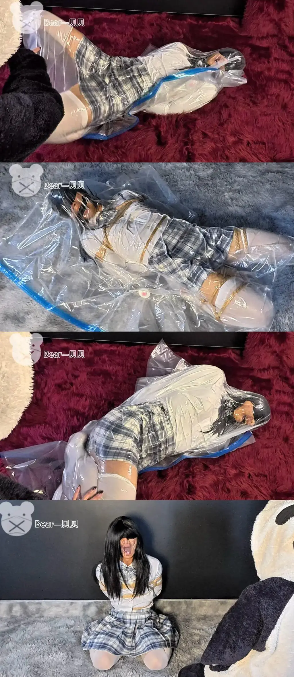 【贝贝熊原创】空气也是很昂贵的，剥夺你呼吸的权利！！这层薄膜会替我好好“照顾你”【小熊日常日记4-真空袋呼控复仇】 脸上贴着是什么东西！！让我撕下来看看才行，啊，怎么手动不了了，腿也是。想求救也可以发出呜呜声，喊不出声了。<br>什么情况吖！！还没等我反应是什么情况。唯一可以呼吸的鼻子也被粘起来了！！想喊不要啊~~~，但是喊不出声！！空气没了，吸不到空气了！<br>好闷啊，感觉肺燃烧起来了！！求求你给我一点空气吧！！求求你了，哪怕一点。。。。就一点。。。<br>·接受视频定制:呼控类型、调教类型<br>·有问题可以企鹅找我：<span style='color:#b0b0b0;'>[隐藏文字，购买后可见]</span><br>·解压方式：<span style='color:#b0b0b0;'>[隐藏文字，购买后可见]</span>